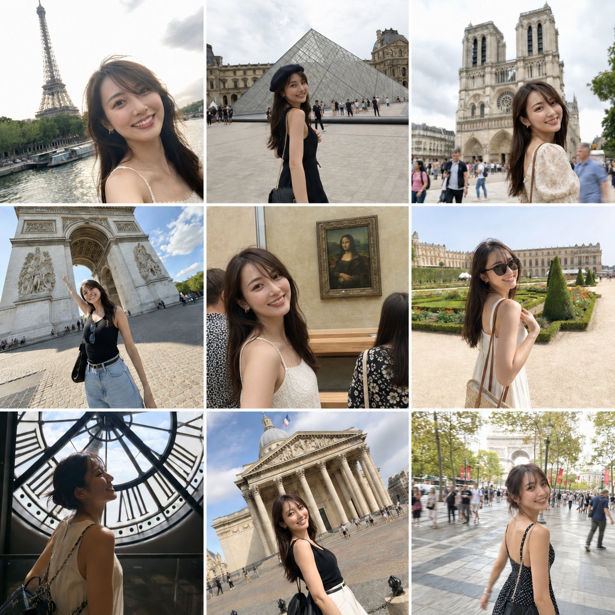 韩国美女伦敦旅行碎片九宫格摄影提示词 / Korean Woman London Travel Collage Prompt，人像与摄影，人像、城市视觉、极简，案例输出图 2