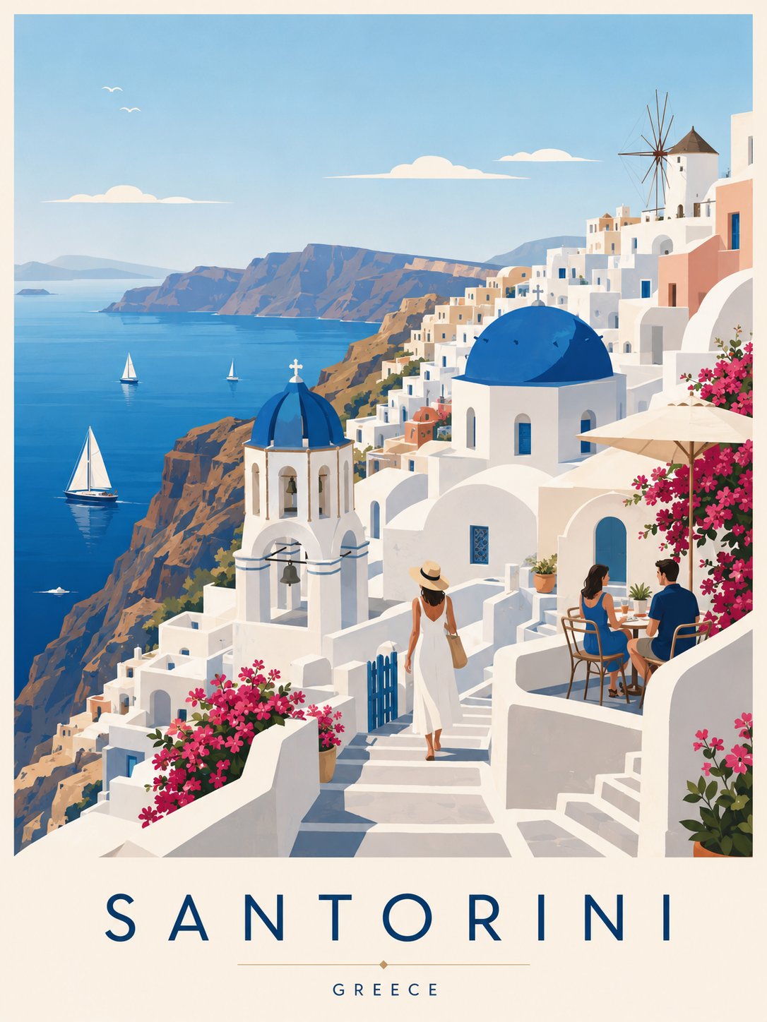 圣托里尼极简主义矢量旅行插画海报 / Santorini Minimalist Vector Travel Poster Illustration，人像与摄影，人像、时尚、海报，案例输出图 1