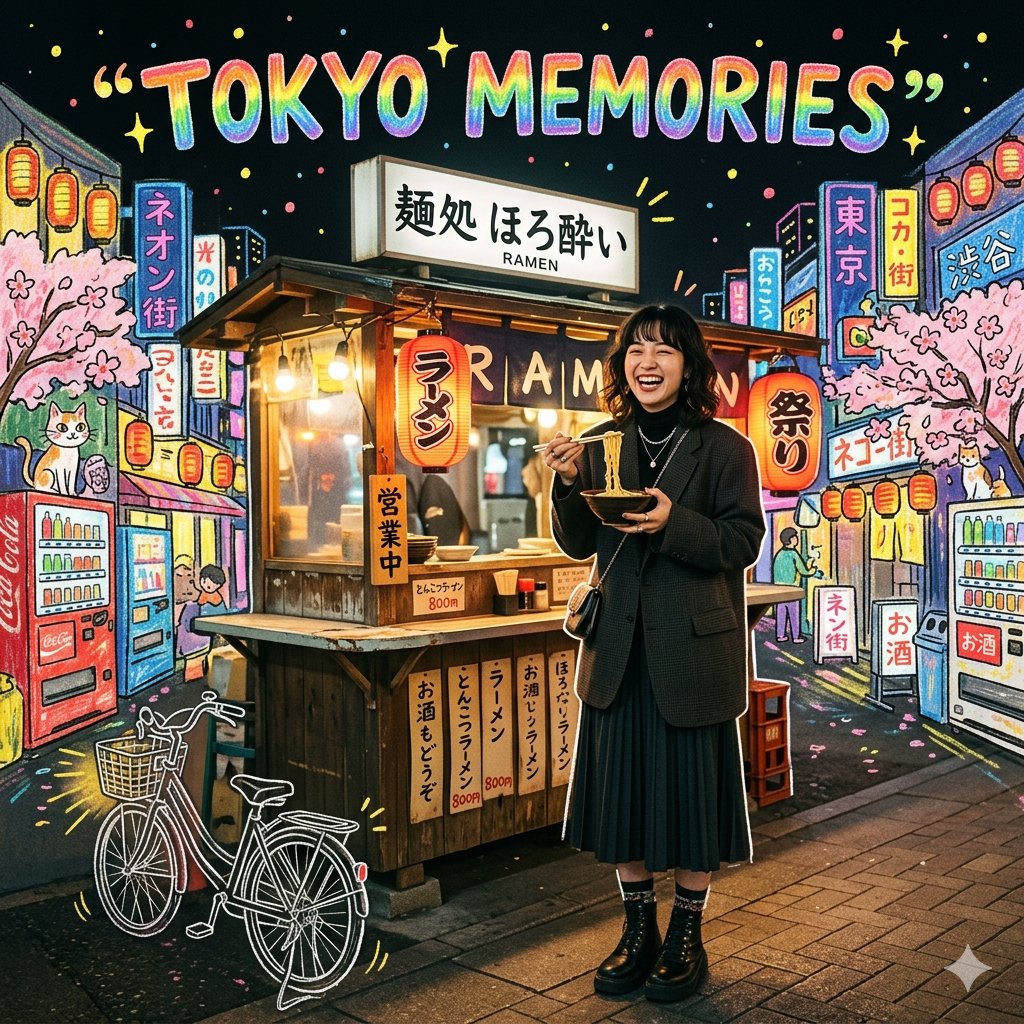 东京之夜时尚少女与蜡笔手绘背景 / Tokyo Ramen Nights Fashion Editorial Art，角色设计，霓虹、时尚、插画，案例输出图 1
