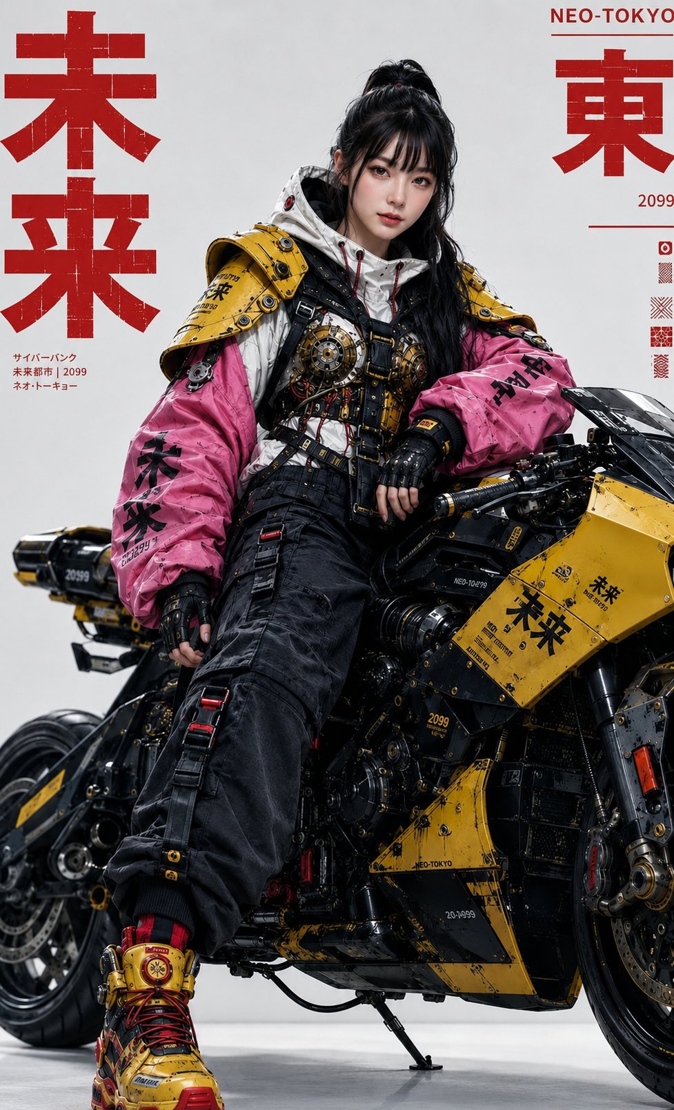 赛博朋克机能风未来感科技人像 / Cyberpunk Techwear Fashion Portrait Asian Woman Motorcycle，UI 与社交媒体截图，35mm、人像、电影感，案例输出图 1