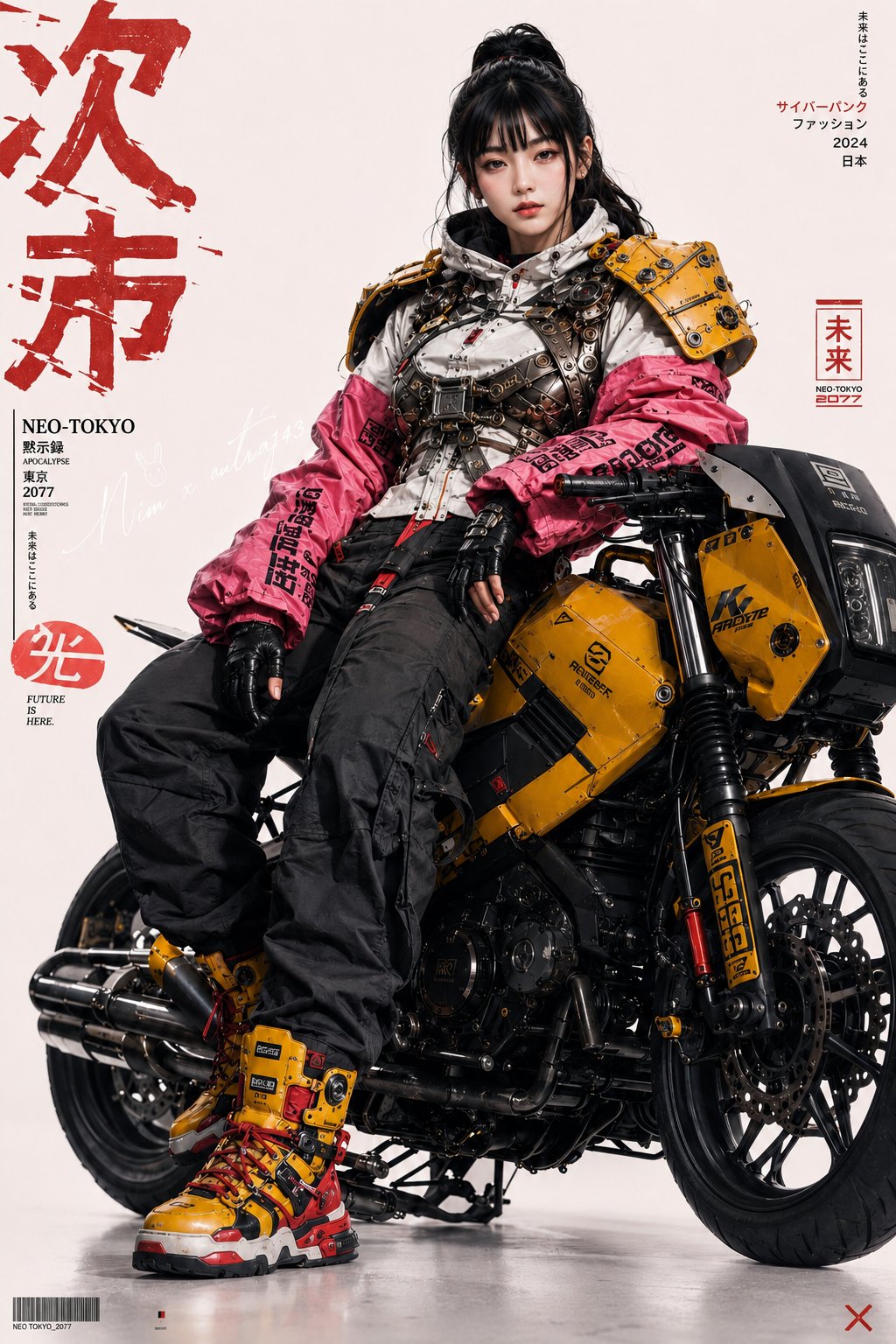 赛博朋克机能风未来感科技人像 / Cyberpunk Techwear Fashion Portrait Asian Woman Motorcycle，UI 与社交媒体截图，35mm、人像、电影感，案例输出图 2
