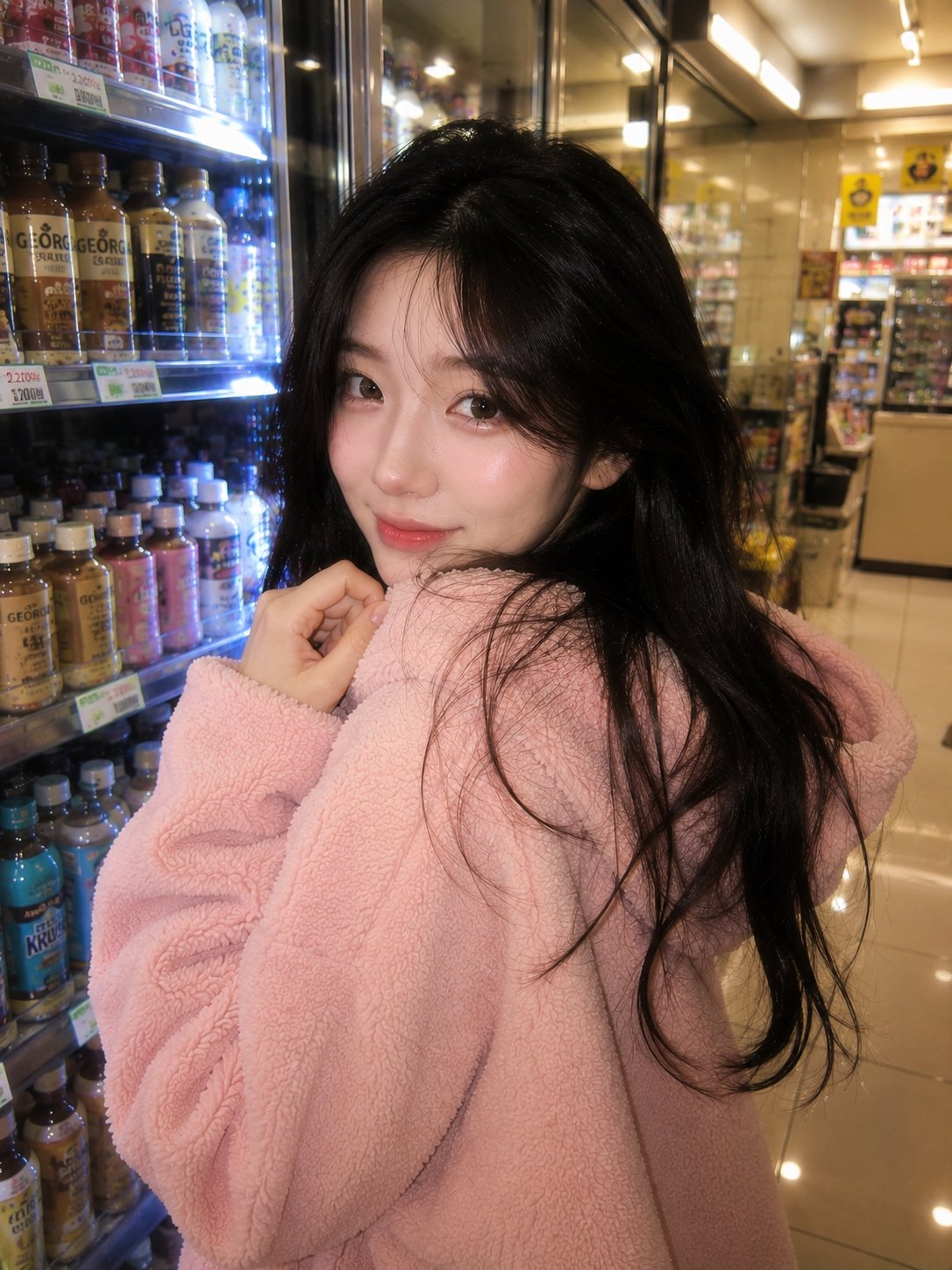 深夜韩国便利店粉色卫衣甜美少女 / Korean Convenience Store Pink Hoodie Portrait，角色设计，人像、电影感、角色，案例输出图 1