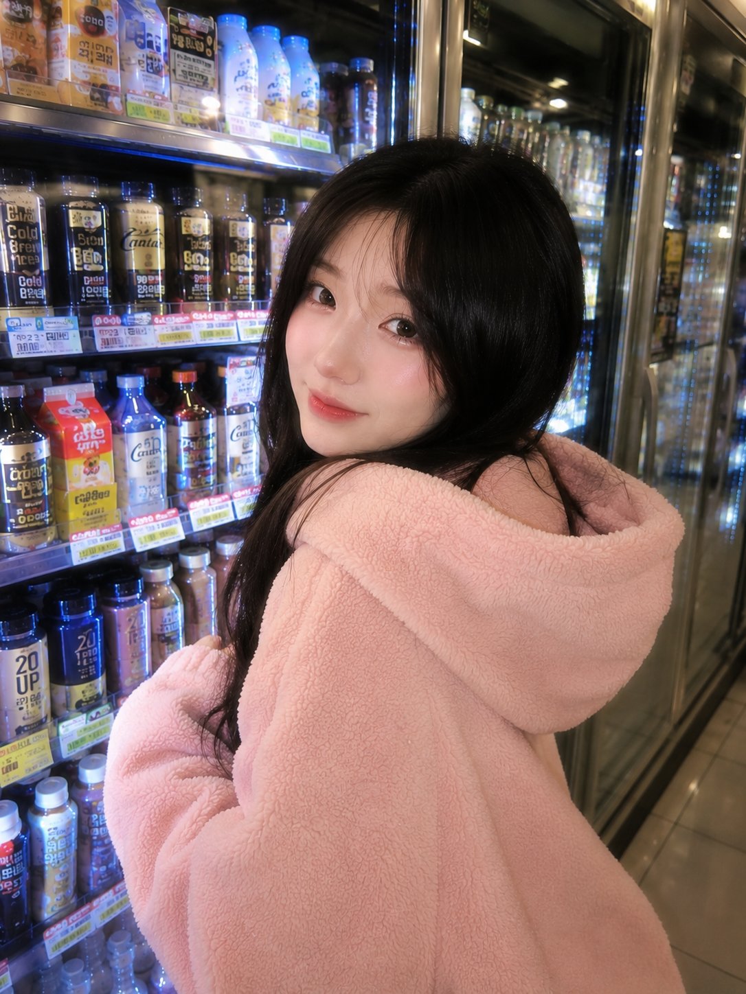 深夜韩国便利店粉色卫衣甜美少女 / Korean Convenience Store Pink Hoodie Portrait，角色设计，人像、电影感、角色，案例输出图 2
