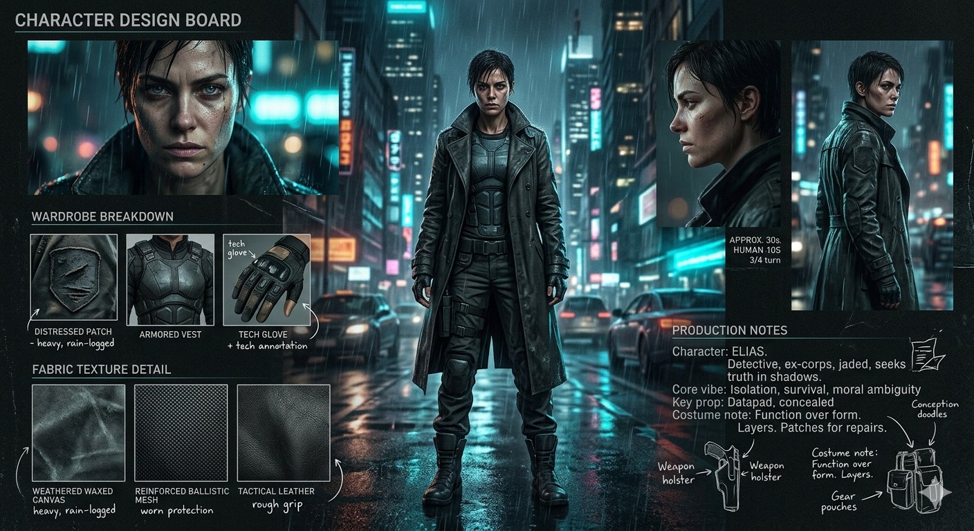 新黑色电影风未来城市角色设计看板 / Cinematic Neo Noir Character Design Board，角色设计，35mm、霓虹、人像，案例输出图 2