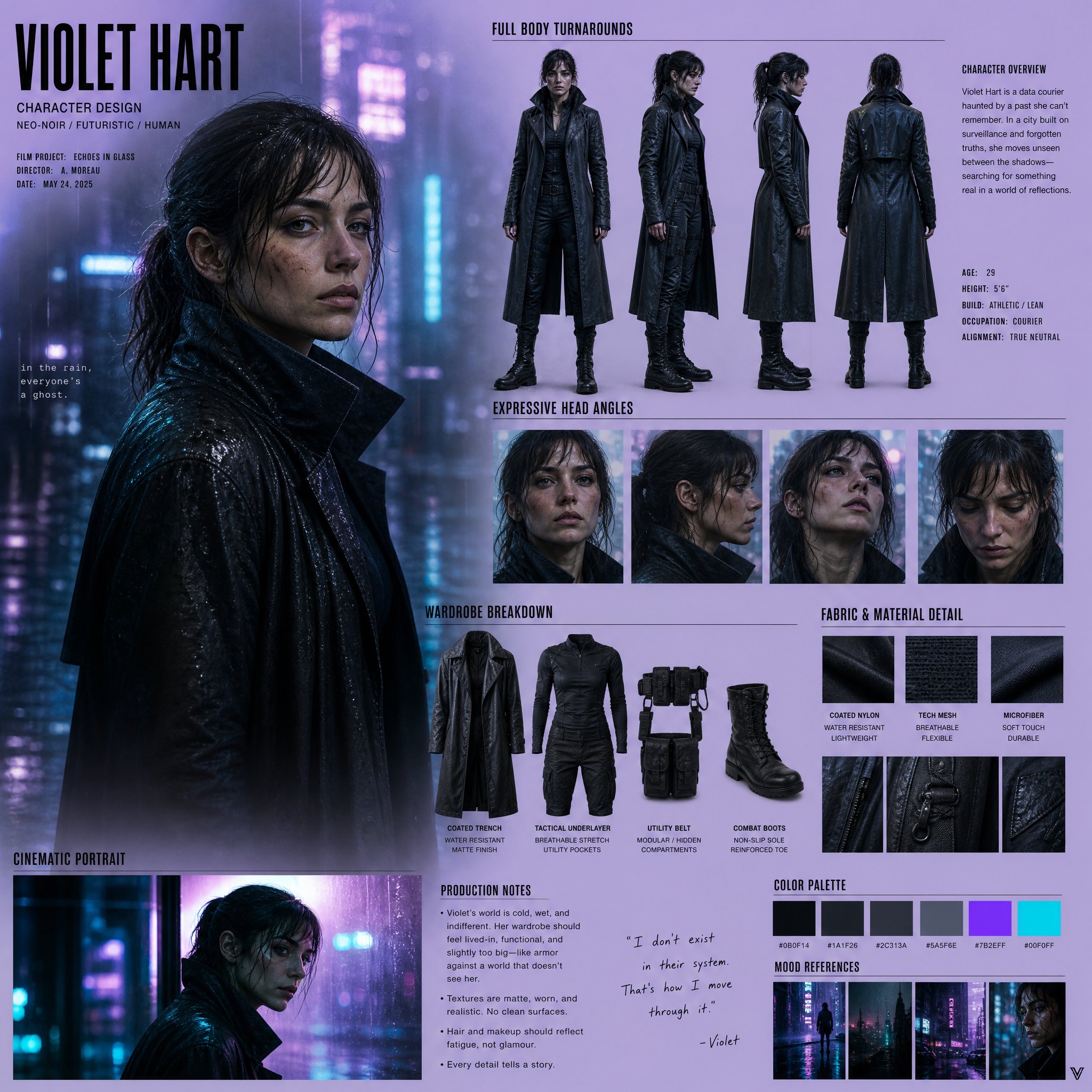 新黑色电影风未来城市角色设计看板 / Cinematic Neo Noir Character Design Board，角色设计，35mm、霓虹、人像，案例输出图 1