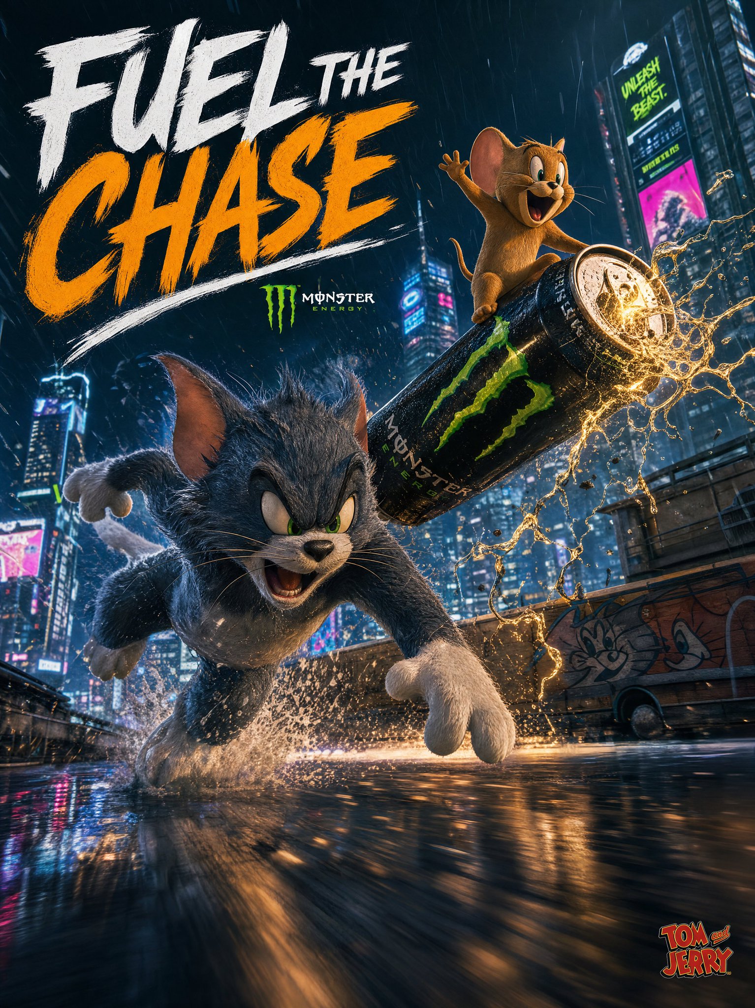 汤姆猫与杰利鼠未来感城市屋顶追逐广告 / Tom And Jerry Monster Energy Cinematic Ad，角色设计，霓虹、电影感、海报，案例输出图 1