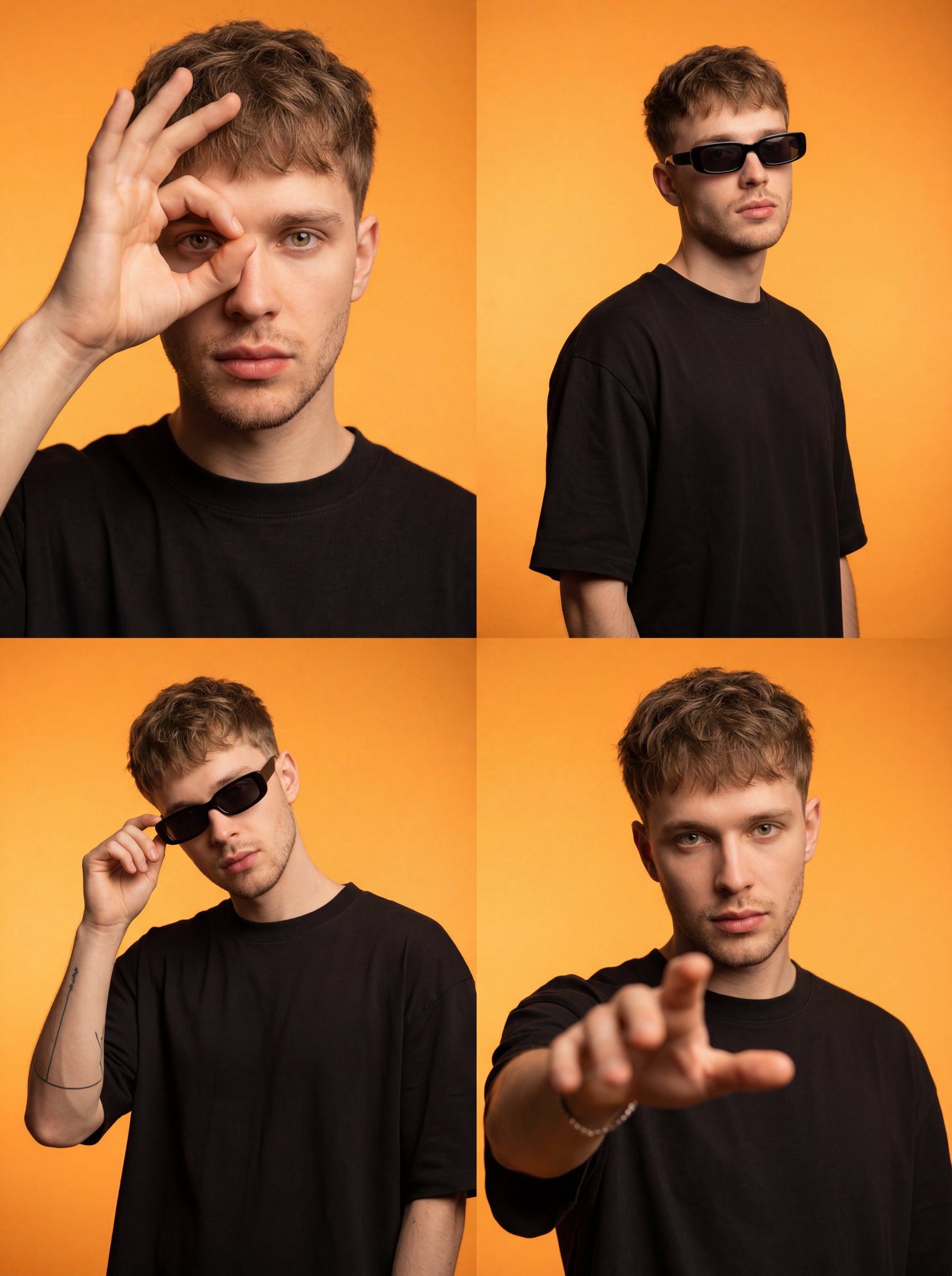 亮橙背景黑衣男模街头风四宫格 / Photorealistic Male Influencer Orange Grid,人像与摄影,人像、电影感、时尚,案例输出图 1