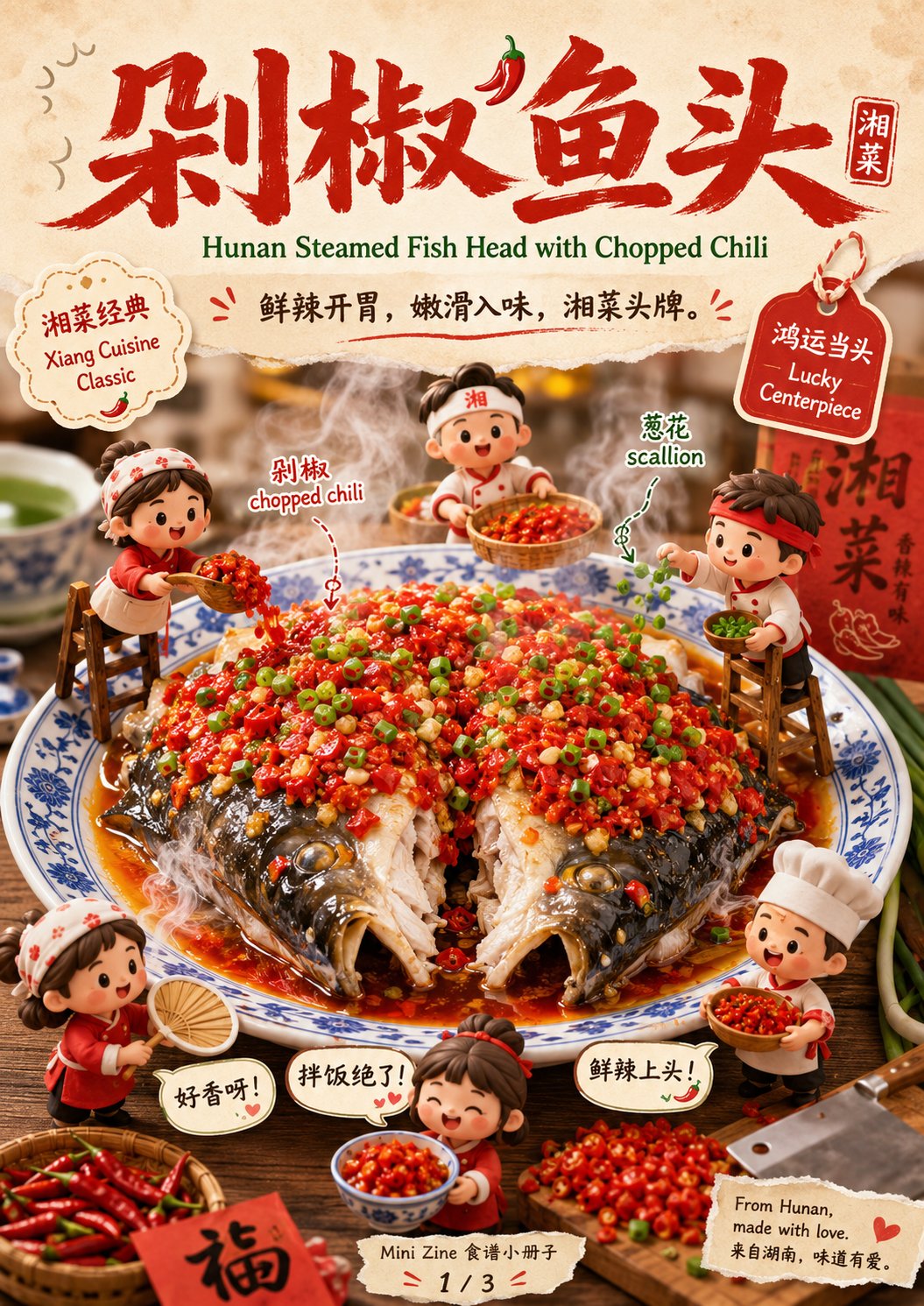 剁椒鱼头微缩趣味美食海报 / Steamed Fish Head With Chopped Chili Miniature Poster，角色设计，电影感、海报、插画，案例输出图 1
