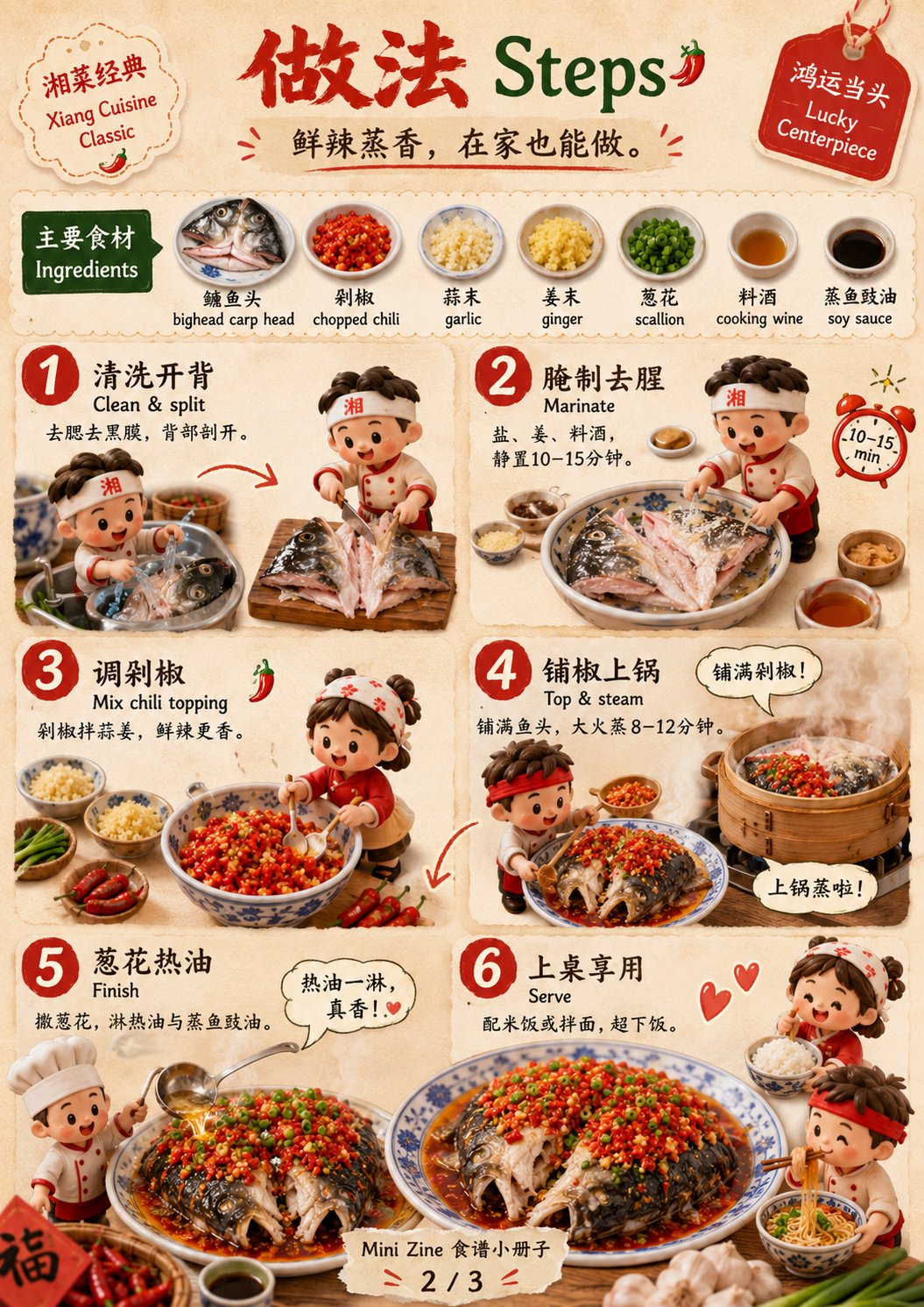 剁椒鱼头微缩趣味美食海报 / Steamed Fish Head With Chopped Chili Miniature Poster，角色设计，电影感、海报、插画，案例输出图 2