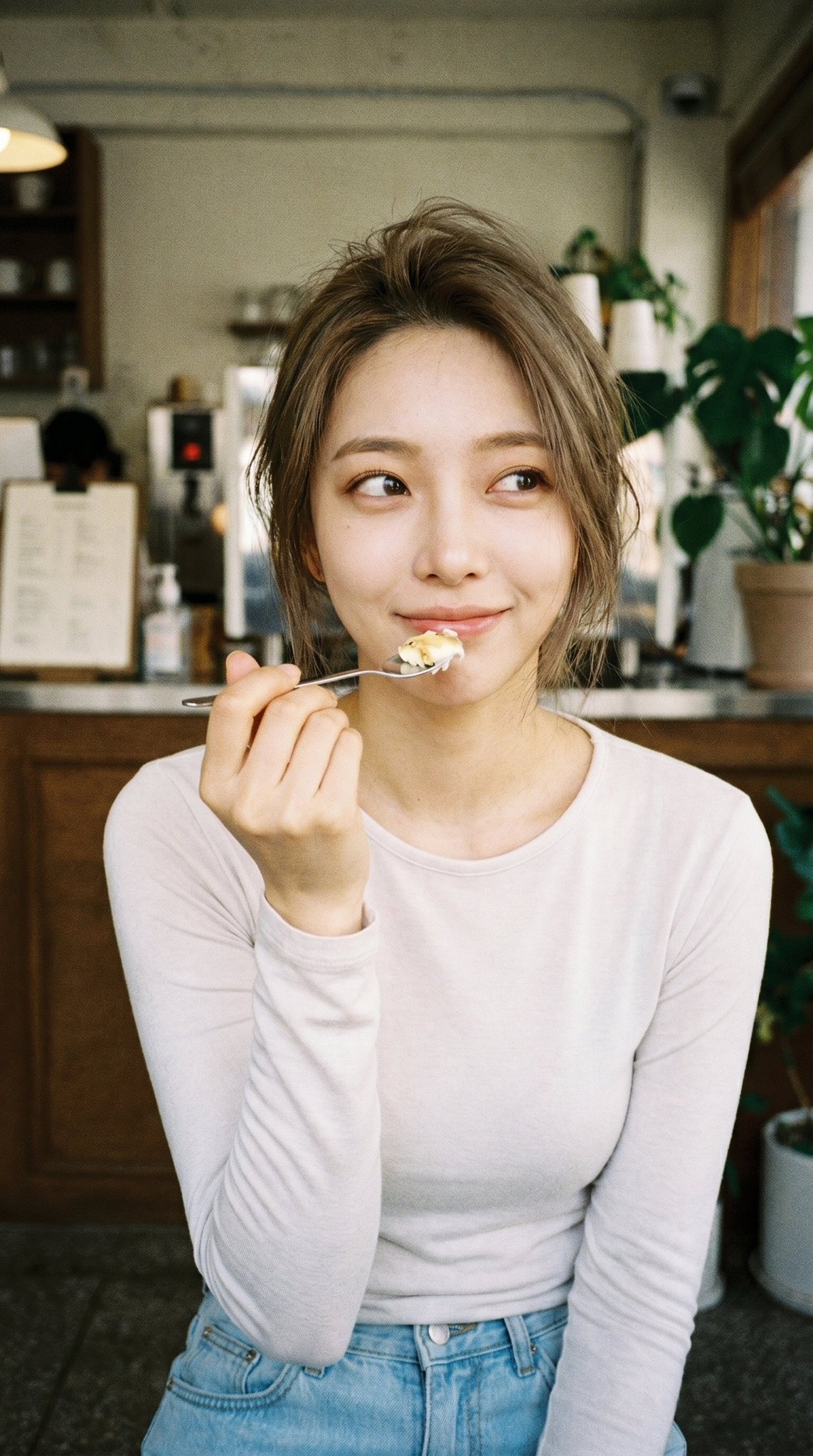 咖啡馆甜点瞬间生活感人像提示词 / Cafe Dessert Candid Portrait Prompt,角色设计,35mm、霓虹、人像,案例输出图 1