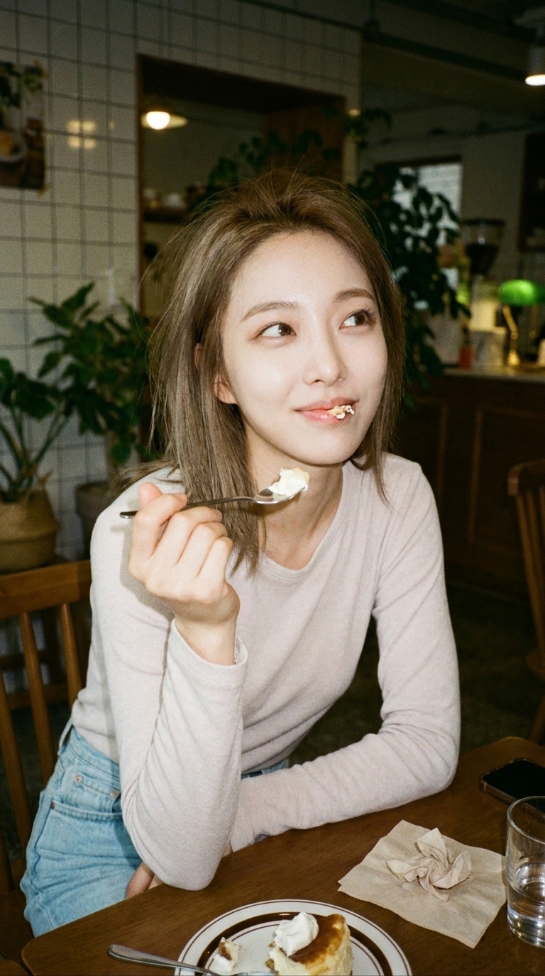 咖啡馆甜点瞬间生活感人像提示词 / Cafe Dessert Candid Portrait Prompt，角色设计，35mm、霓虹、人像，案例输出图 2