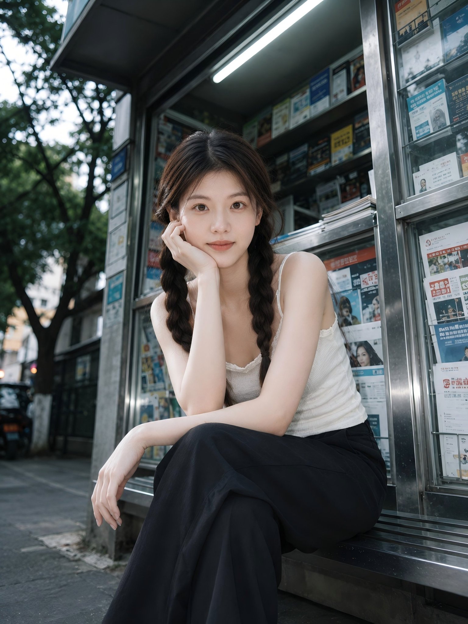 都市街头报刊亭简约少女写实街拍 / Urban Street Kiosk Minimalist Woman Portrait,角色设计,人像、时尚、海报,案例输出图 1