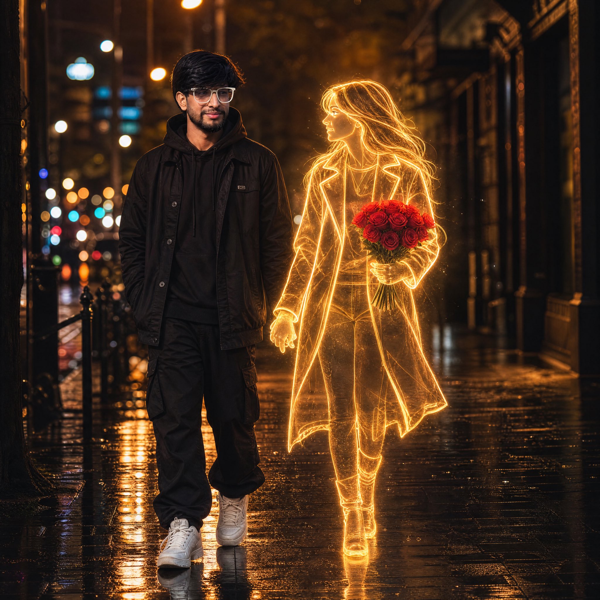 雨夜街头与发光全息女子牵手的男子 / Man Walking With Holographic Woman Rainy Night,人像与摄影,霓虹、人像、电影感,案例输出图 1