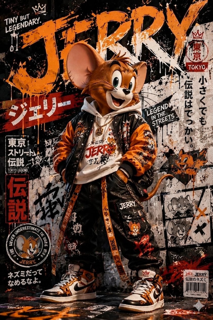 杰瑞鼠街头潮流涂鸦海报风格 / Jerry Streetwear Urban Graffiti Style，角色设计，电影感、时尚、海报，案例输出图 1