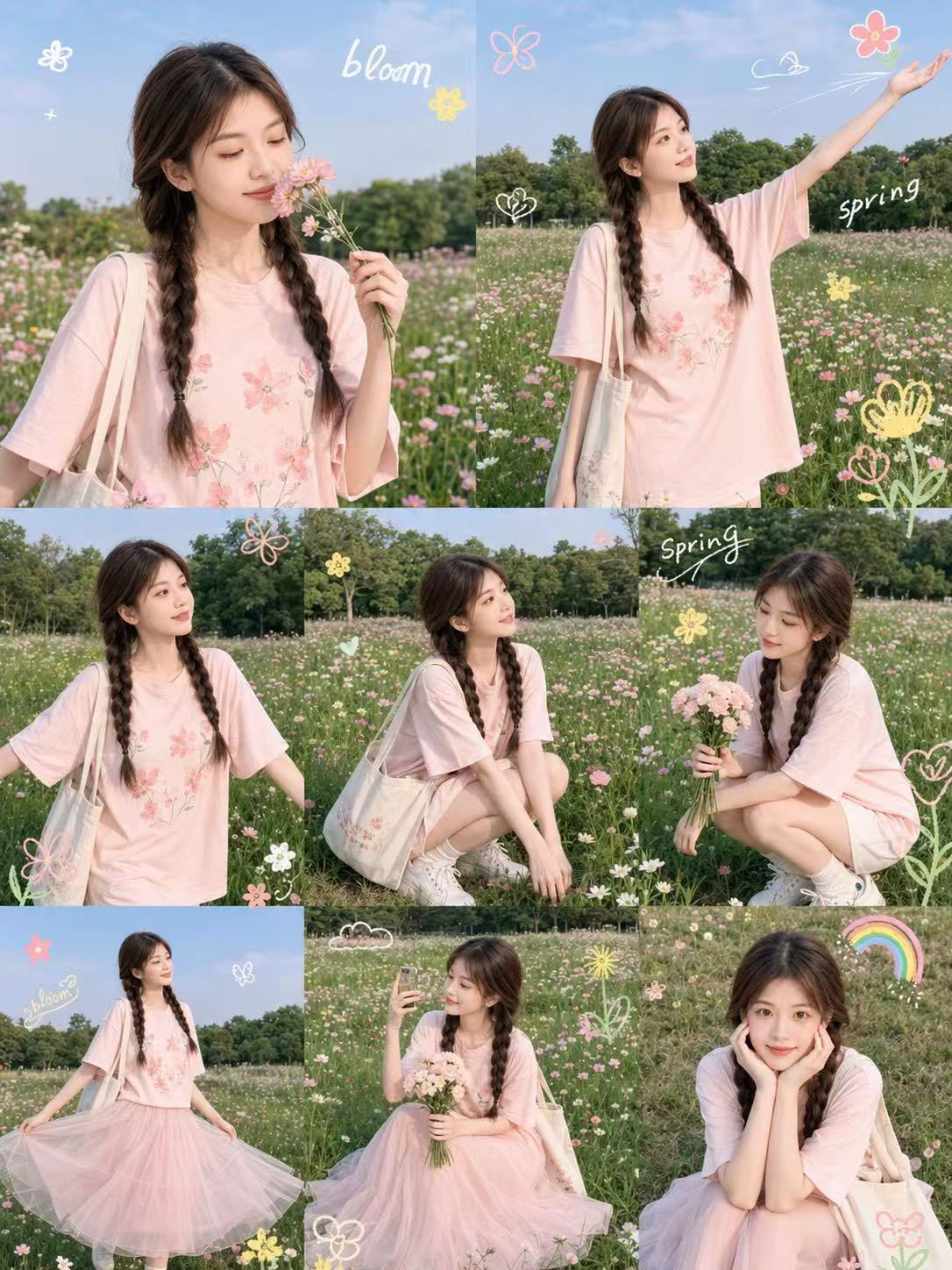 韩系清新春日花田少女写真拼贴海报 / Korean Japanese Spring Flower Field Girl Collage Poster，角色设计，人像、海报、角色，案例输出图 1