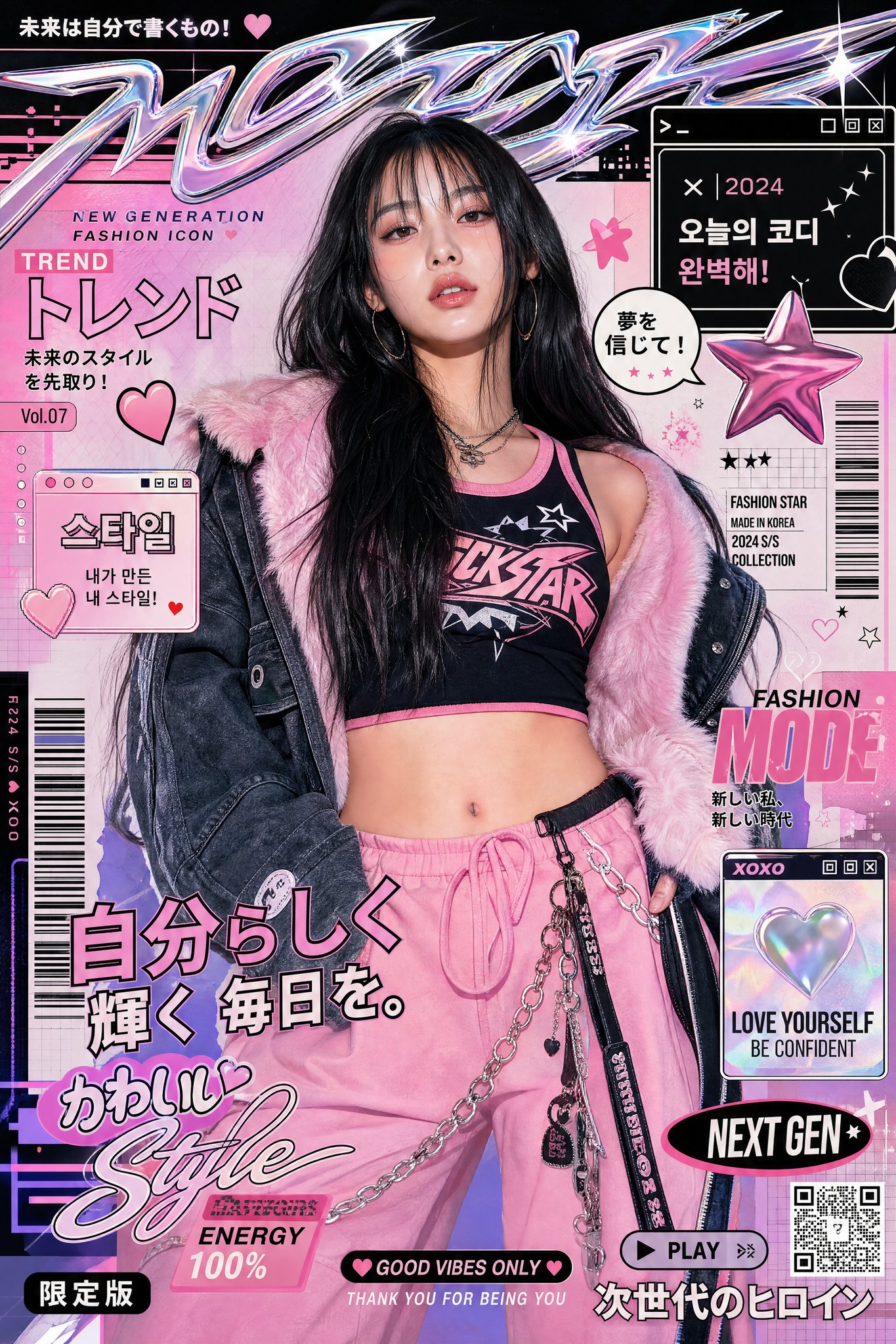极具风格化的亚洲女性奢侈时尚Y2K海报 / Ultra Stylized Luxury Fashion Editorial Poster Asian Woman Y2k，UI 与社交媒体截图，电影感、时尚、海报，案例输出图 1