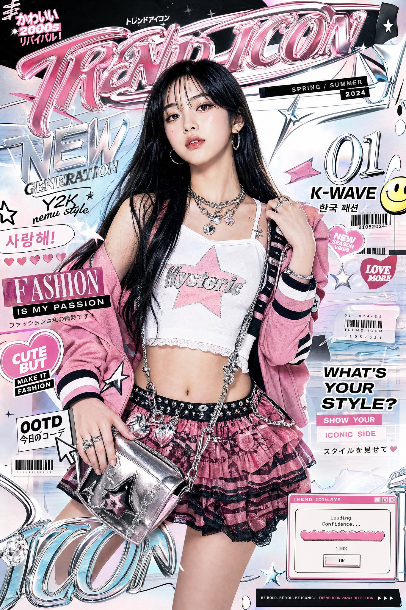 极具风格化的亚洲女性奢侈时尚Y2K海报 / Ultra Stylized Luxury Fashion Editorial Poster Asian Woman Y2k，UI 与社交媒体截图，电影感、时尚、海报，案例输出图 2