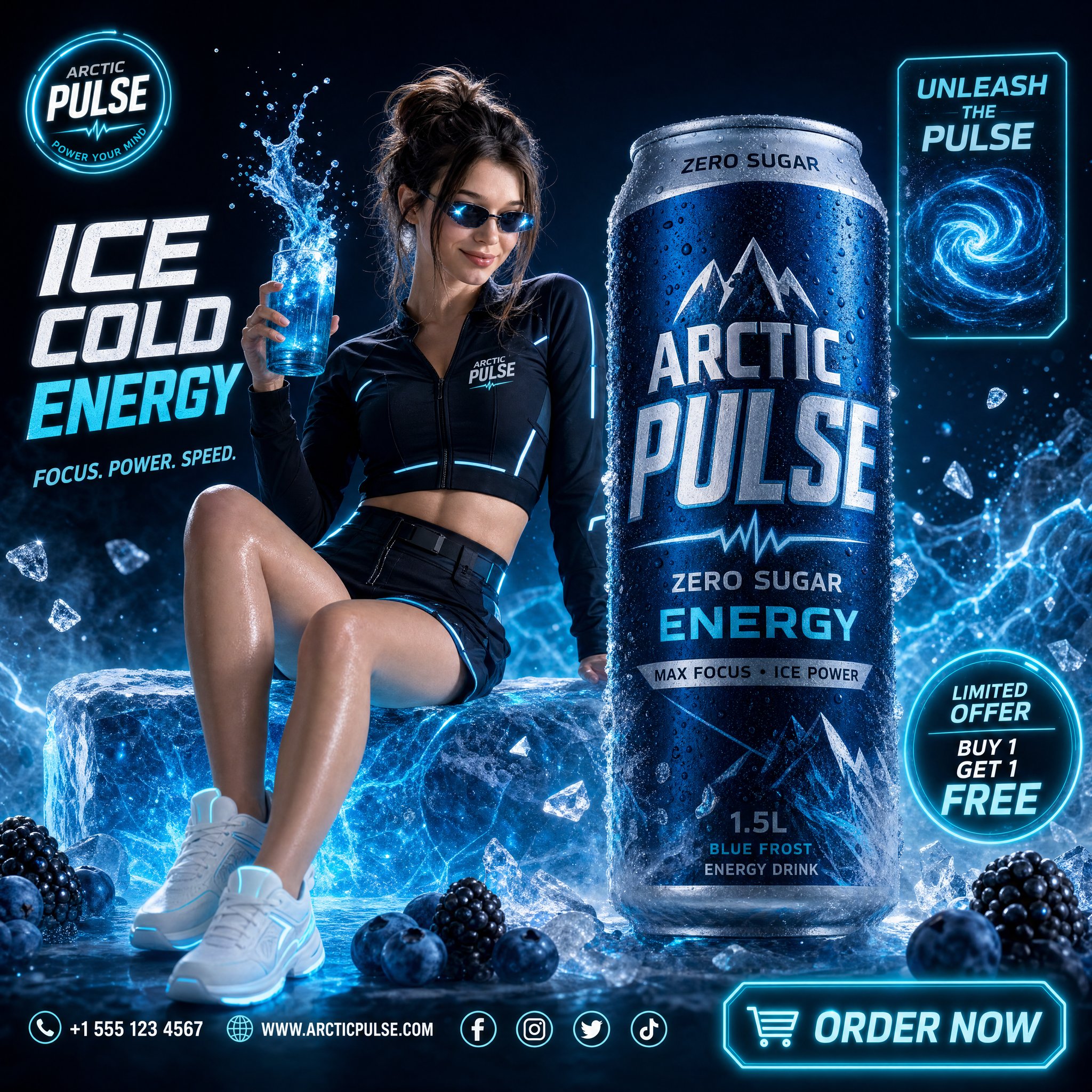 极寒科技感高端能量饮料商业大片 / Arctic Pulse Energy Drink Futuristic Commercial，人像与摄影，霓虹、人像、电影感，案例输出图 1