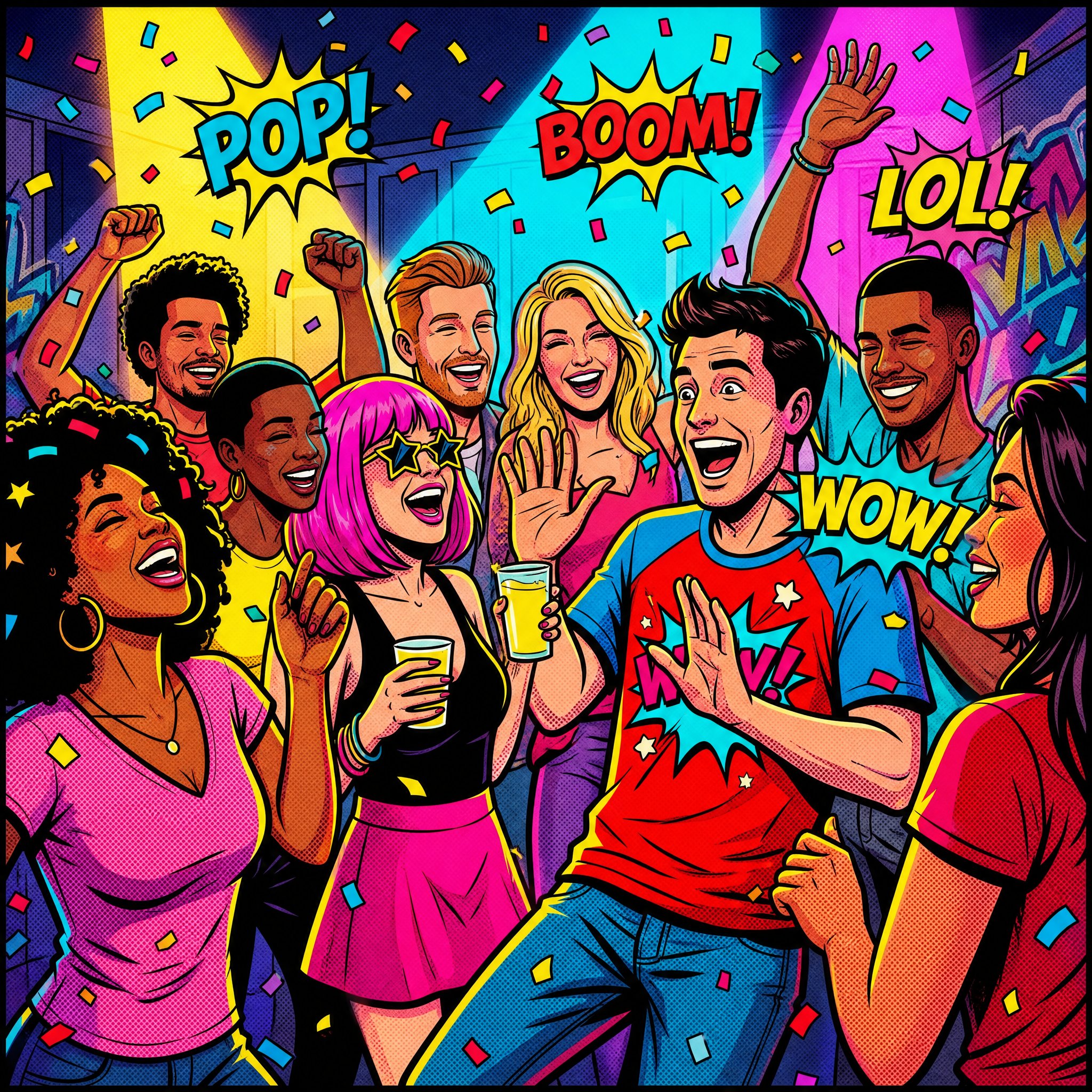 波普艺术风格漫画色彩派对狂欢 / Pop Art Party Comic Book Style Illustration，角色设计，霓虹、电影感、插画，案例输出图 1
