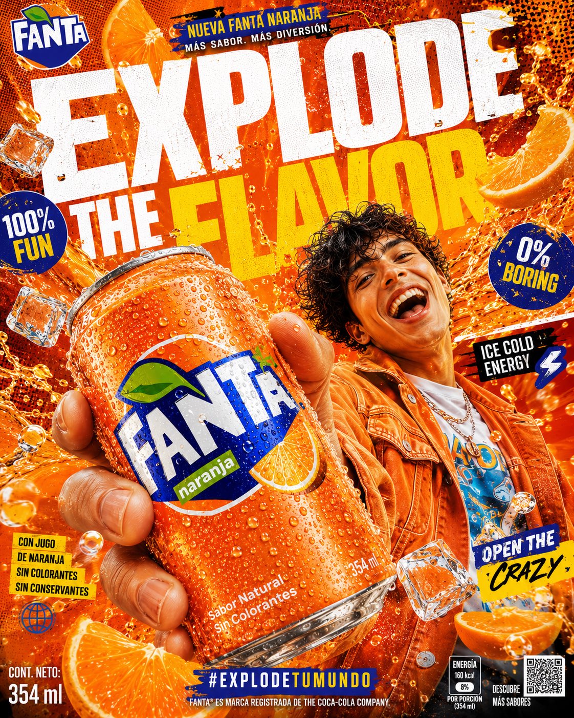 芬达Z世代动感橙色风暴商业海报 / Fanta Explosive Beverage Commercial Poster Prompt，UI 与社交媒体截图，电影感、时尚、海报，案例输出图 2