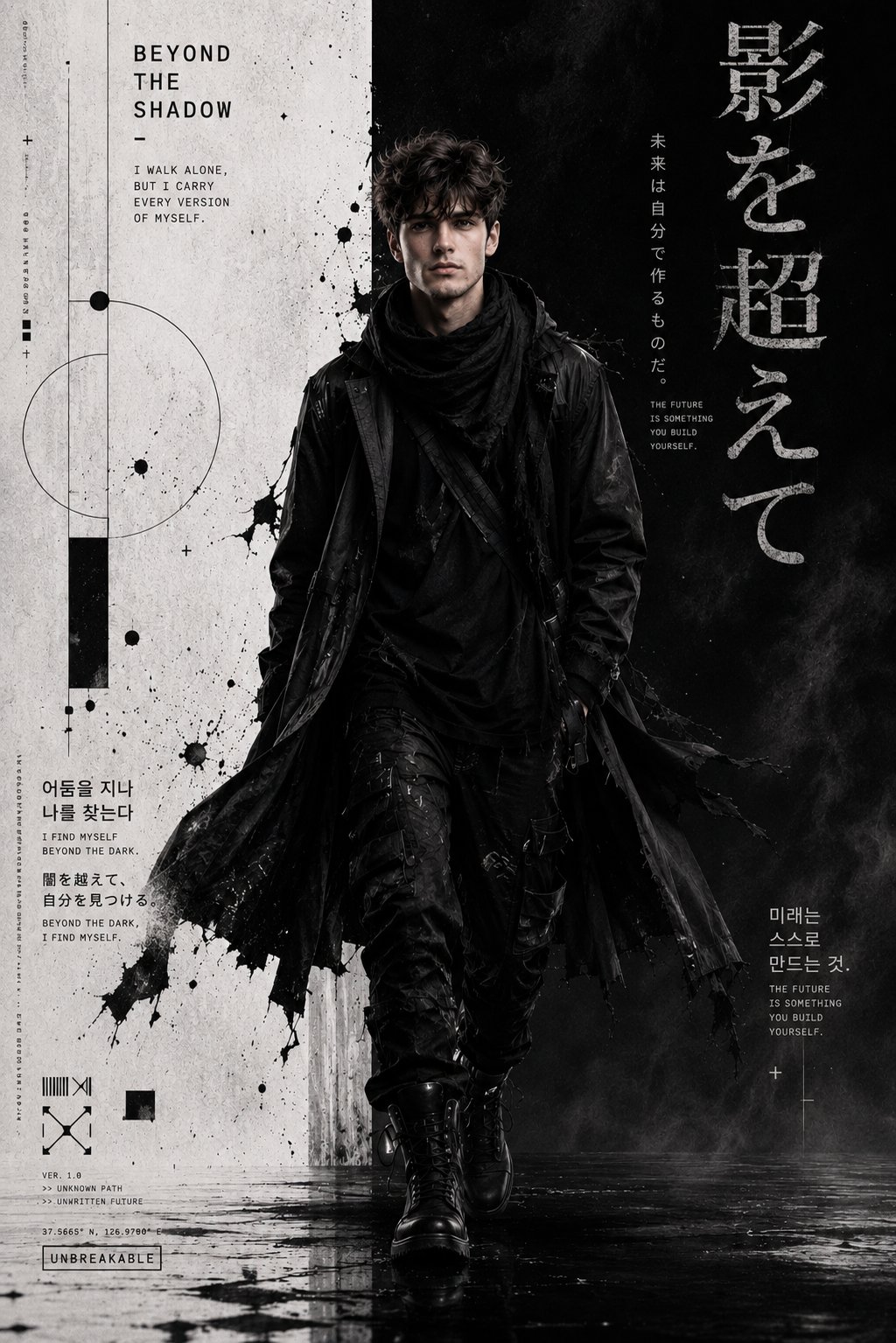 极简黑白赛博朋克机能风海报 / Cyber Grunge Techwear Fashion Poster Design,UI 与社交媒体截图,电影感、时尚、海报,案例输出图 1