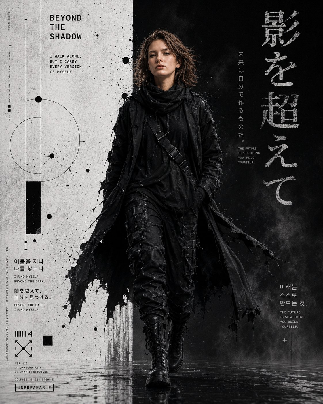 极简黑白赛博朋克机能风海报 / Cyber Grunge Techwear Fashion Poster Design，UI 与社交媒体截图，电影感、时尚、海报，案例输出图 2