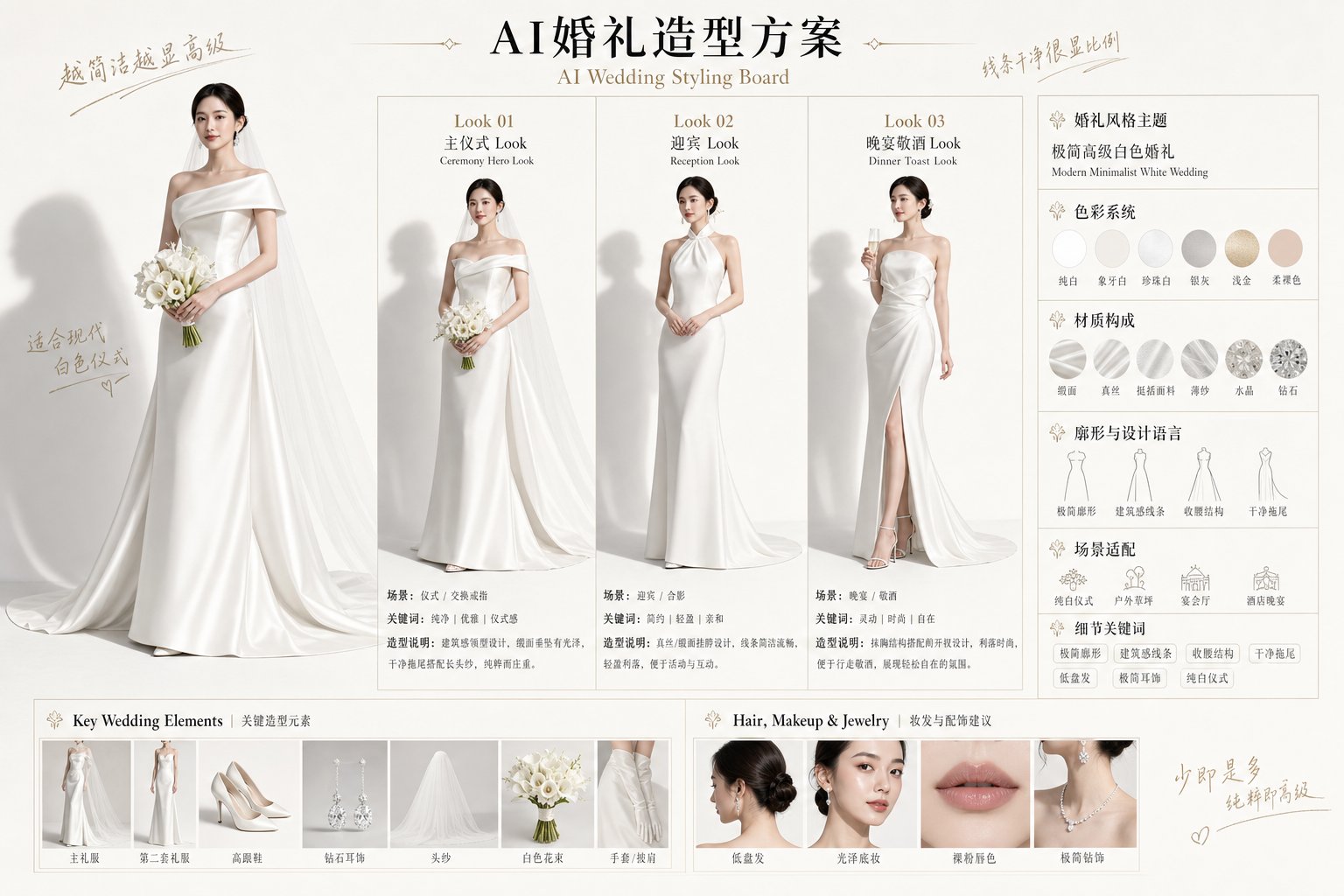 高级AI婚礼造型方案生成设计 / Ai Wedding Styling Board Design Prompt,角色设计,时尚、海报、角色,案例输出图 1