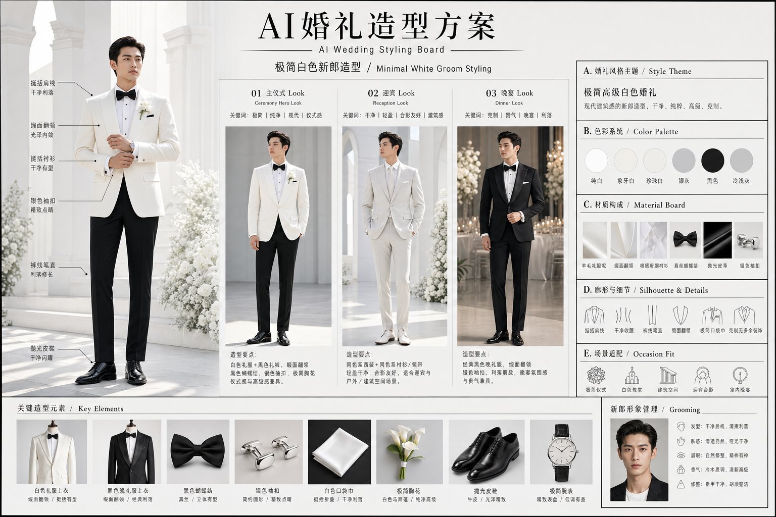 高级AI婚礼造型方案生成设计 / Ai Wedding Styling Board Design Prompt，角色设计，时尚、海报、角色，案例输出图 2