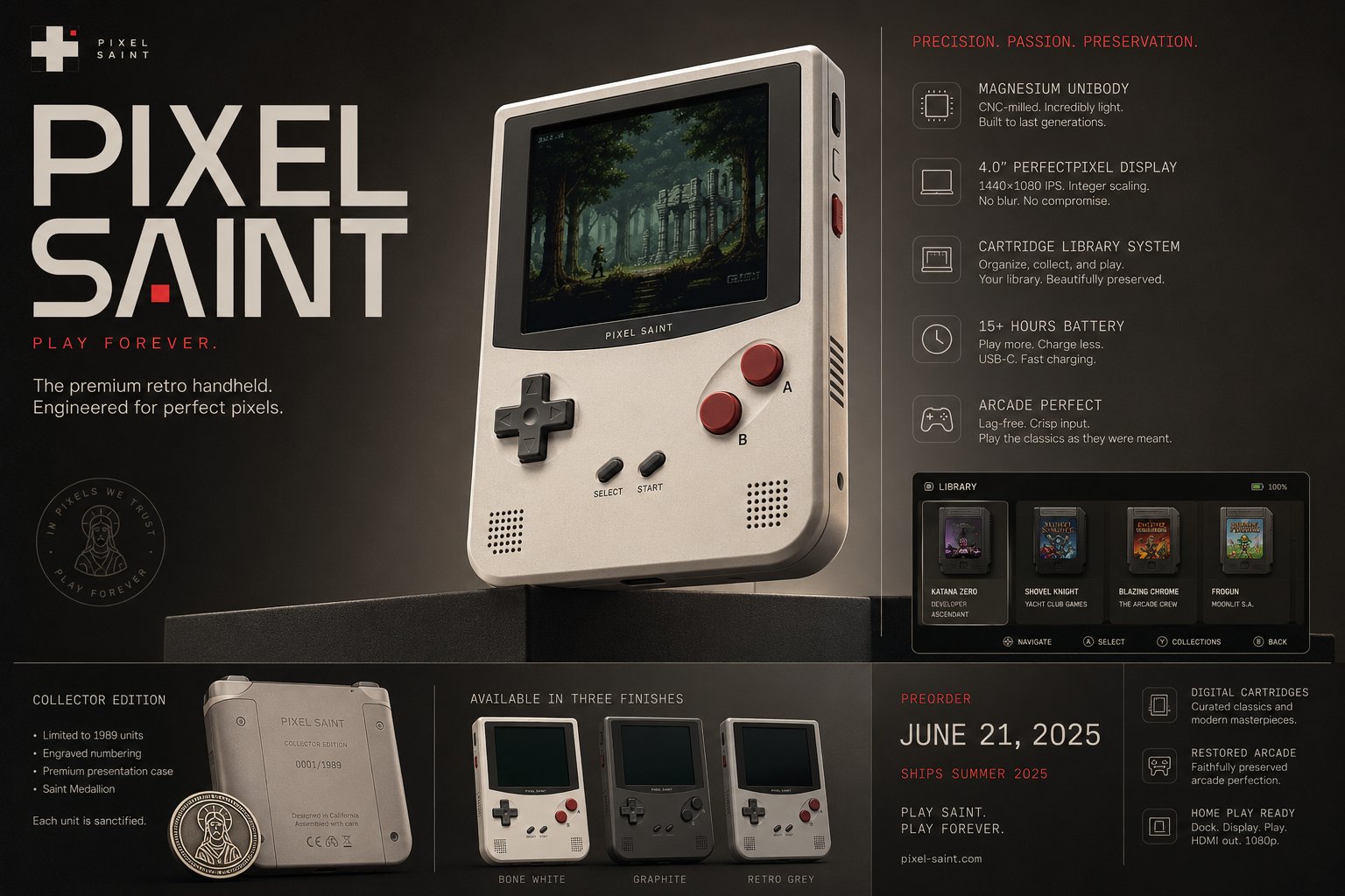 虚构游戏主机掌机发布广告设计 / Fictional Gaming Console Handheld Ad Prompt，UI 与社交媒体截图，电影感、海报、UI，案例输出图 2