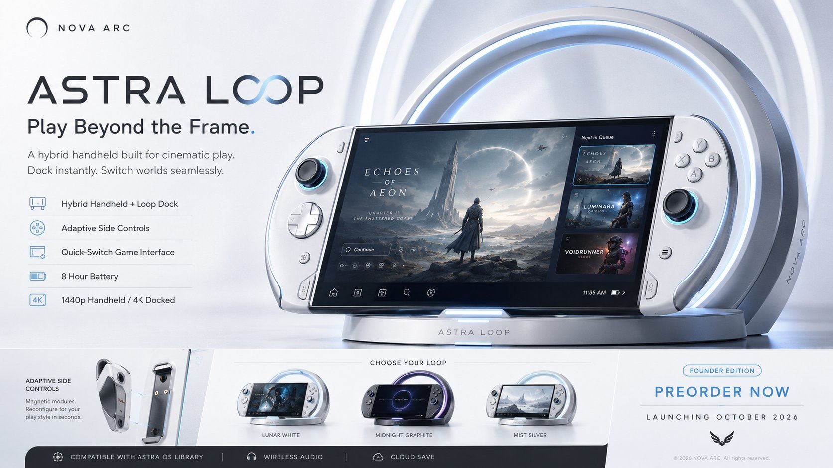 虚构游戏主机掌机发布广告设计 / Fictional Gaming Console Handheld Ad Prompt，UI 与社交媒体截图，电影感、海报、UI，案例输出图 1