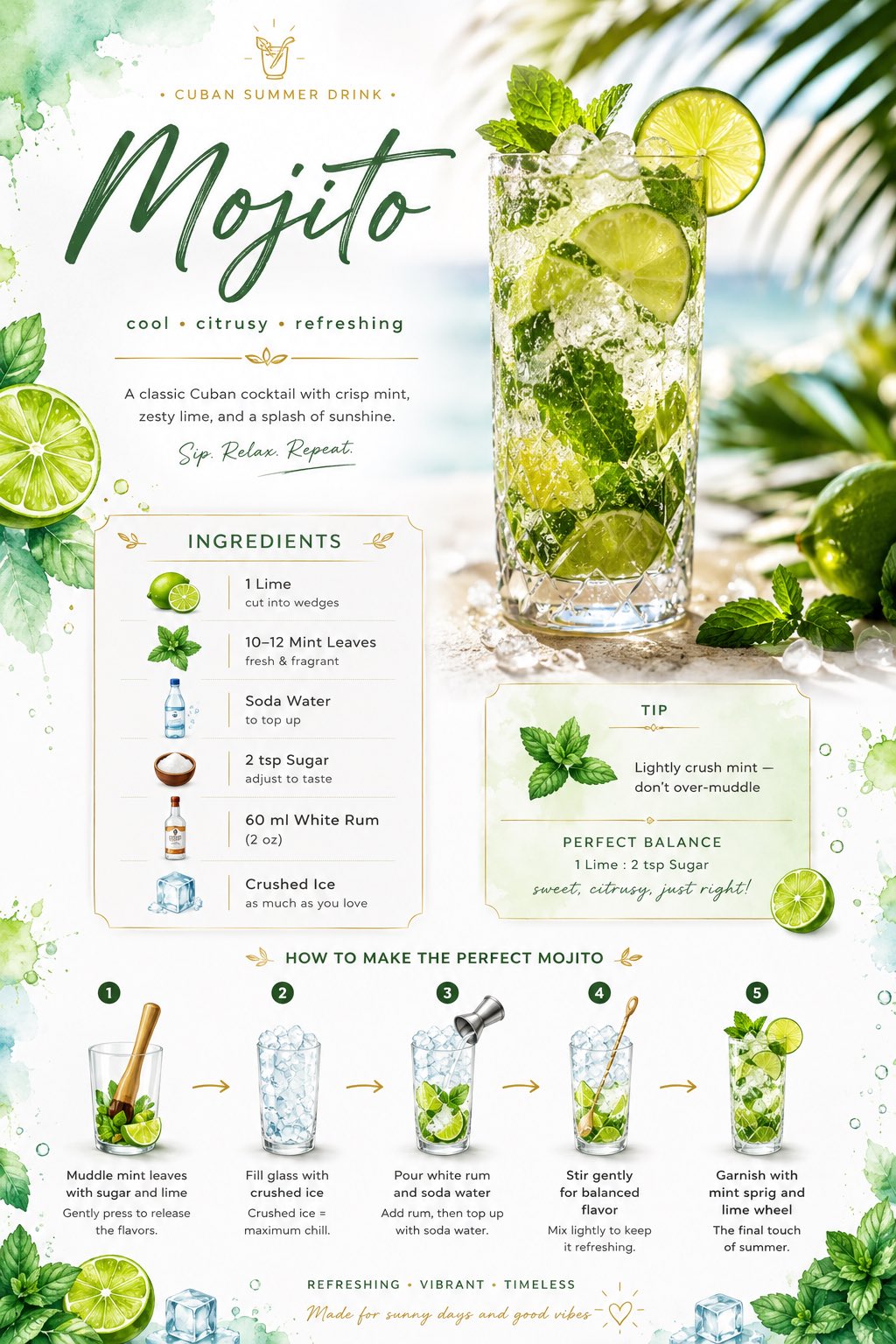 莫吉托夏季饮品现代极简食谱卡 / Modern Mojito Recipe Card Design，海报与插画，时尚、海报、插画，案例输出图 1