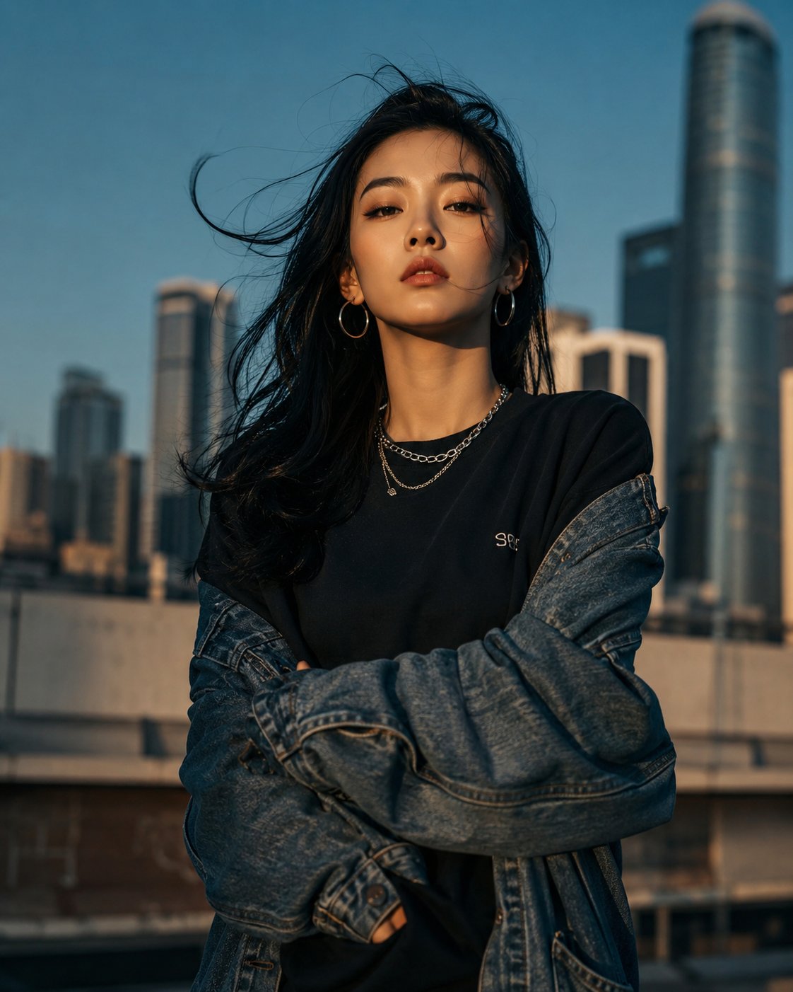 城市天际线下的时尚东亚女性人像 / Ultra Realistic Urban Fashion East Asian Woman Portrait,人像与摄影,人像、电影感、时尚,案例输出图 1