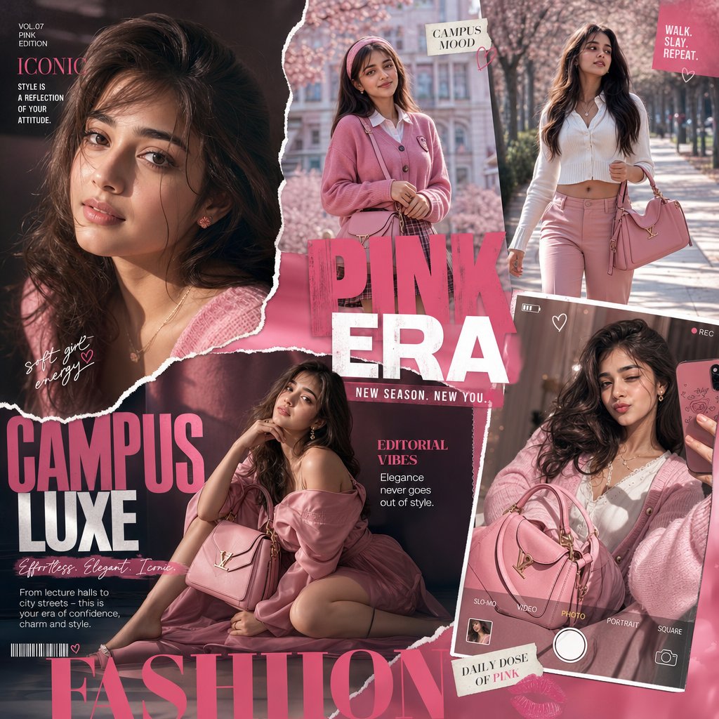 奢华粉色系学院风时尚杂志海报拼贴 / Luxury Pink Fashion Magazine Collage Advertisement，角色设计，人像、电影感、时尚，案例输出图 1