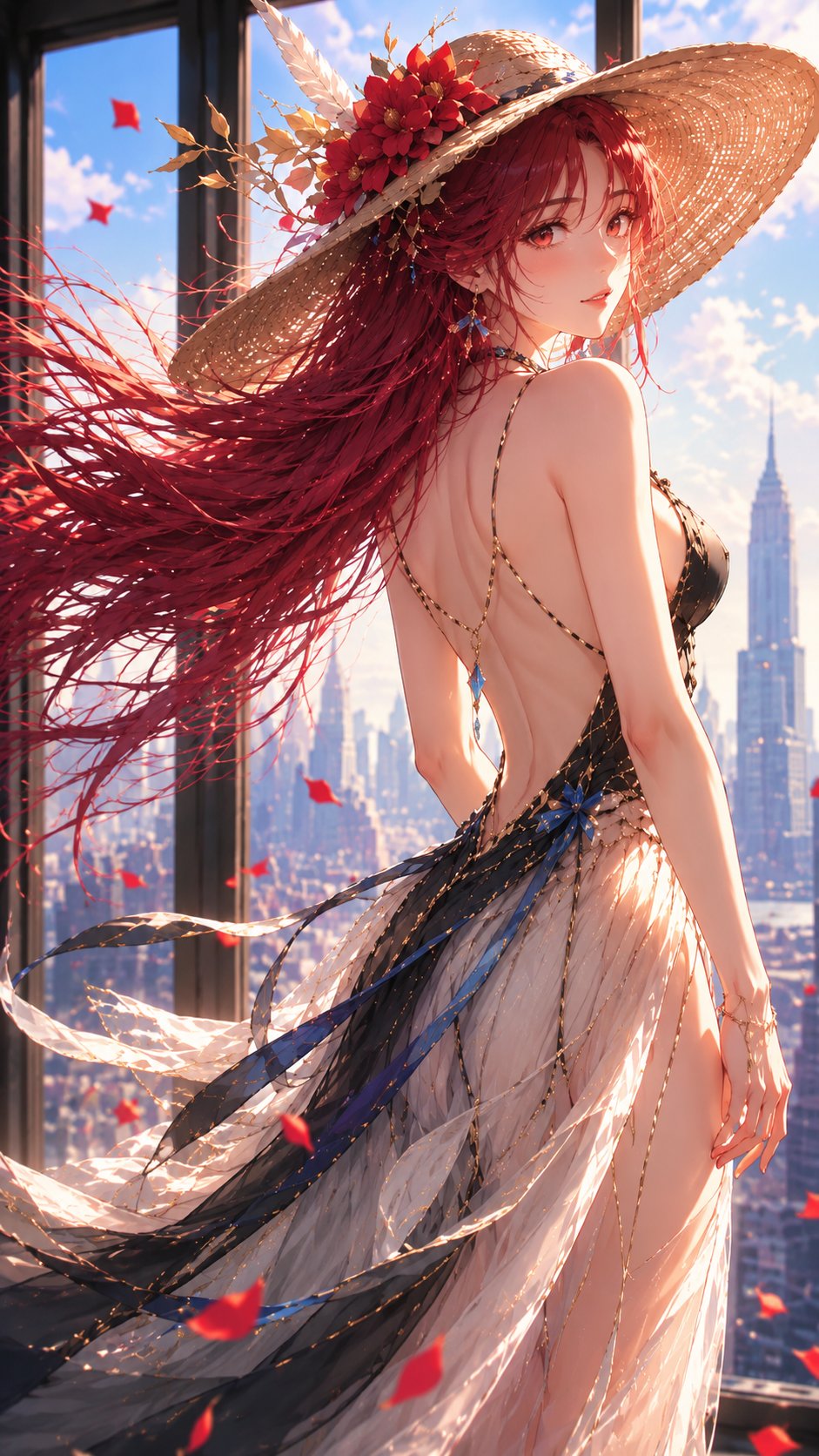 红发幻梦回眸优雅二次元少女 / Elegant Red Hair Anime Girl Back View Glance，角色设计，电影感、插画、角色，案例输出图 1