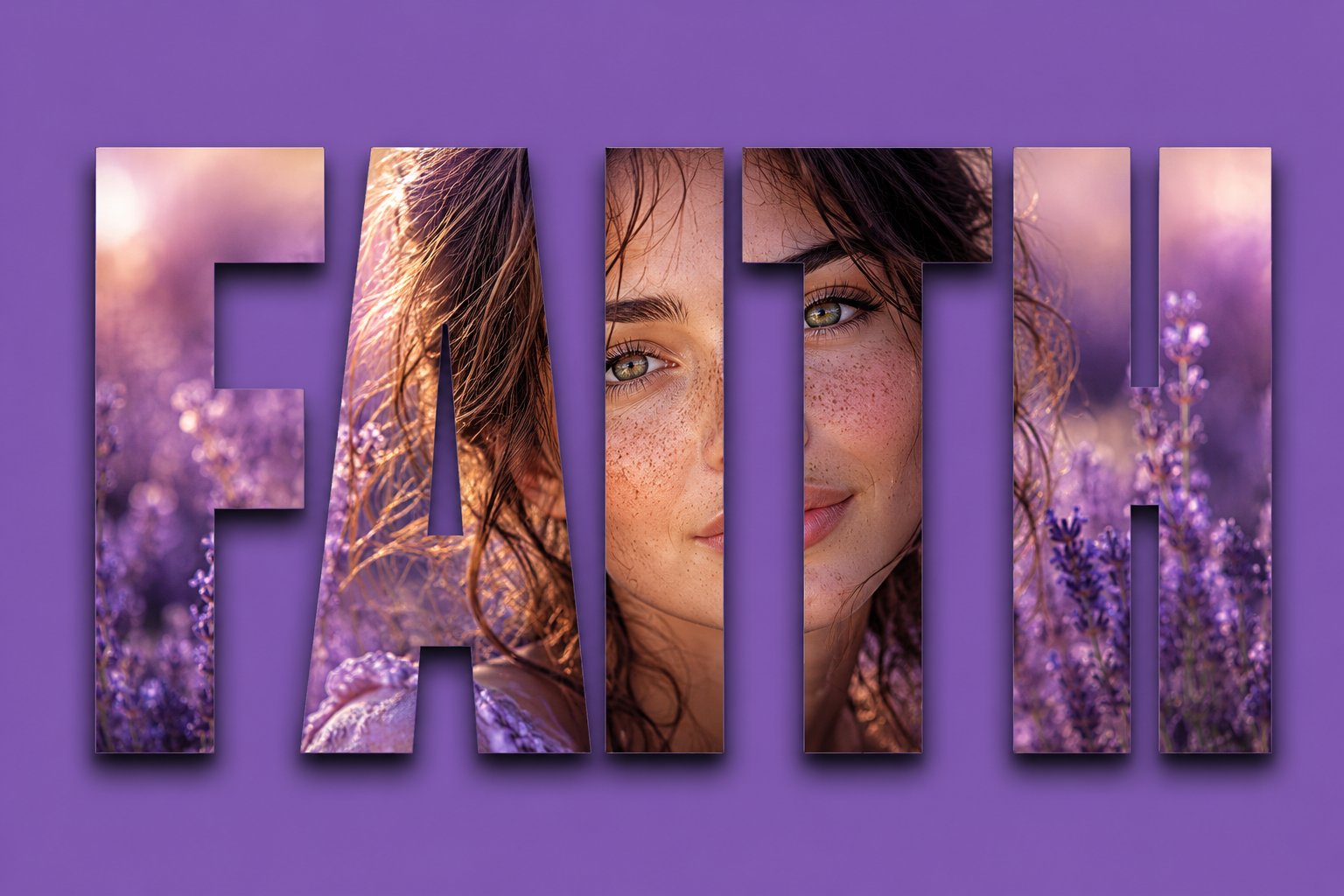 FAITH字母遮罩薰衣草人像海报 / Faith Typography Text Mask Portrait Lavender,人像与摄影,人像、海报、极简,案例输出图 1