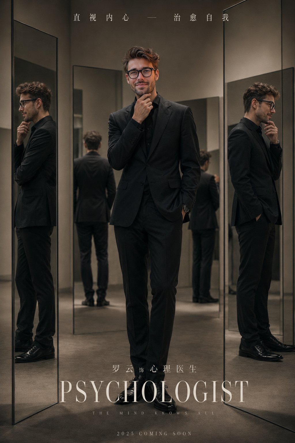 极简主义黑西装男士超现实镜像电影海报 / Handsome Asian Man Black Suit Surreal Mirror Poster，人像与摄影，人像、电影感、时尚，案例输出图 1