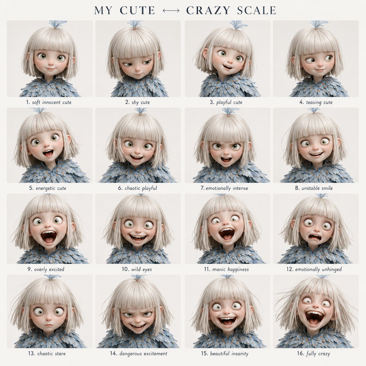 可爱与疯狂4x4情绪表现网格 / Cute To Crazy Emotional Grid Prompt,角色设计,人像、电影感、角色,案例输出图 1