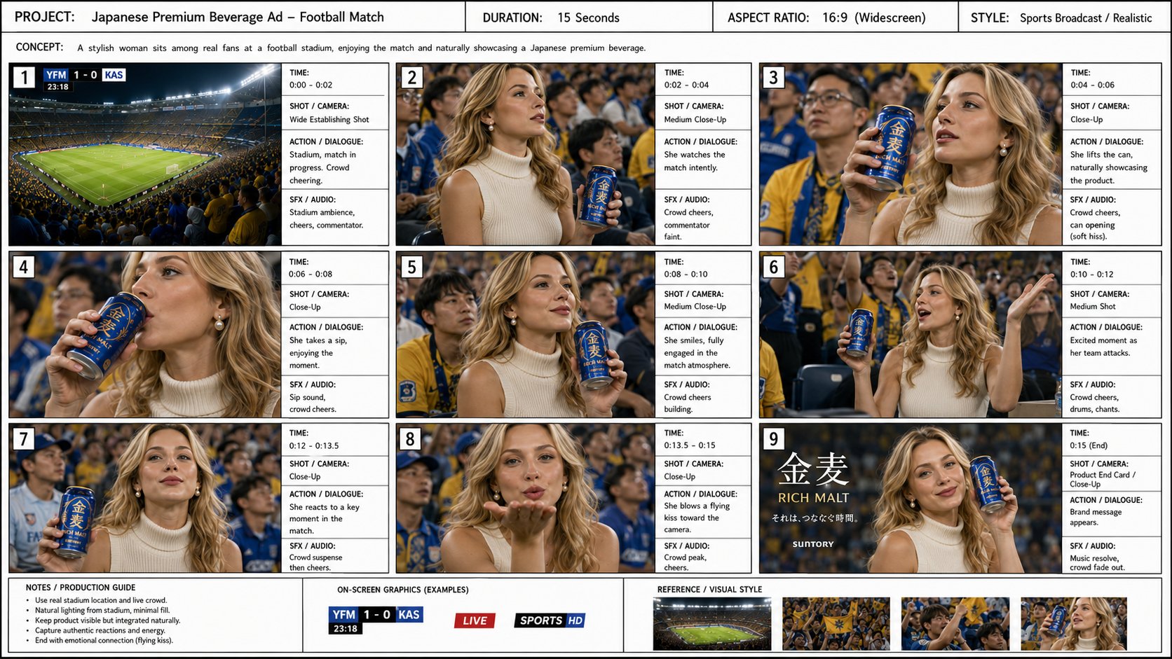 体育广告分镜脚本超写实足球场金发女性 / Hyper Realistic Sports Commercial Storyboard Stadium，角色设计，电影感、插画、角色，案例输出图 1