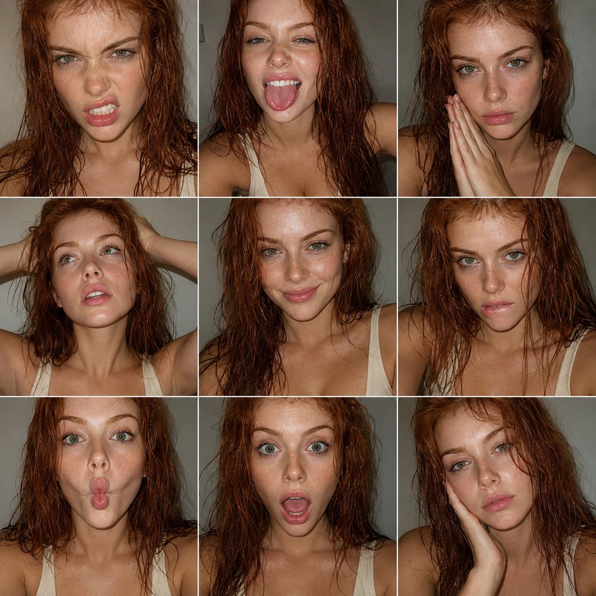 红发绿眼美女九宫格FACS表情肖像 / Redhead Woman Facs Portrait Collage Smartphone Style,人像与摄影,人像、电影感、时尚,案例输出图 1