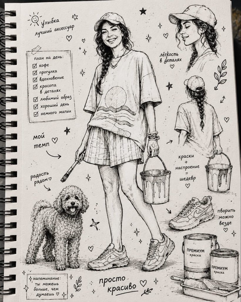 黑白墨水速写本手绘插画风格 / Ink Drawn Sketchbook Illustration Style，角色设计，人像、时尚、插画，案例输出图 2