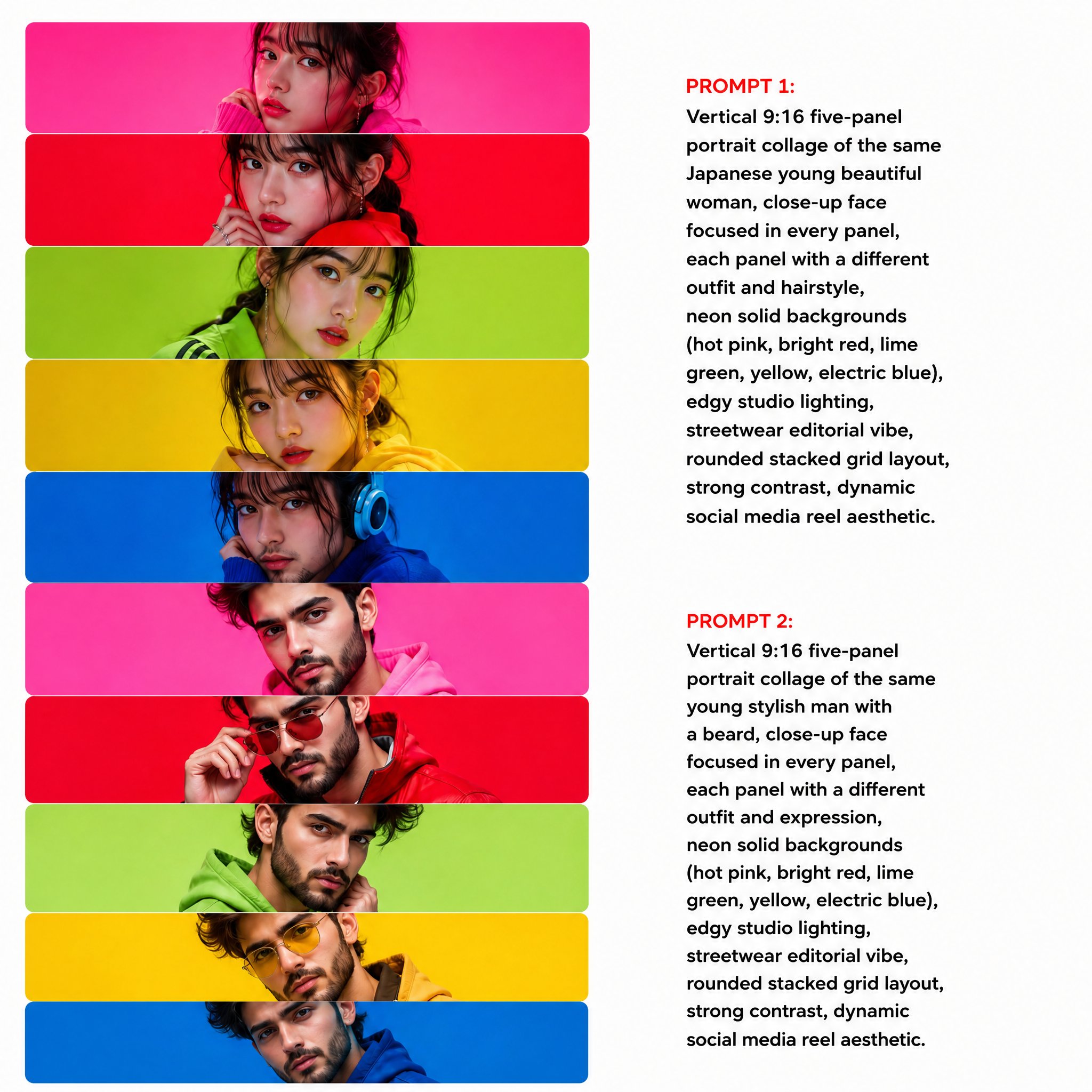 垂直五格霓虹背景街头风人像拼贴 / Vertical Five Panel Neon Portrait Collage,人像与摄影,霓虹、人像、时尚,案例输出图 1