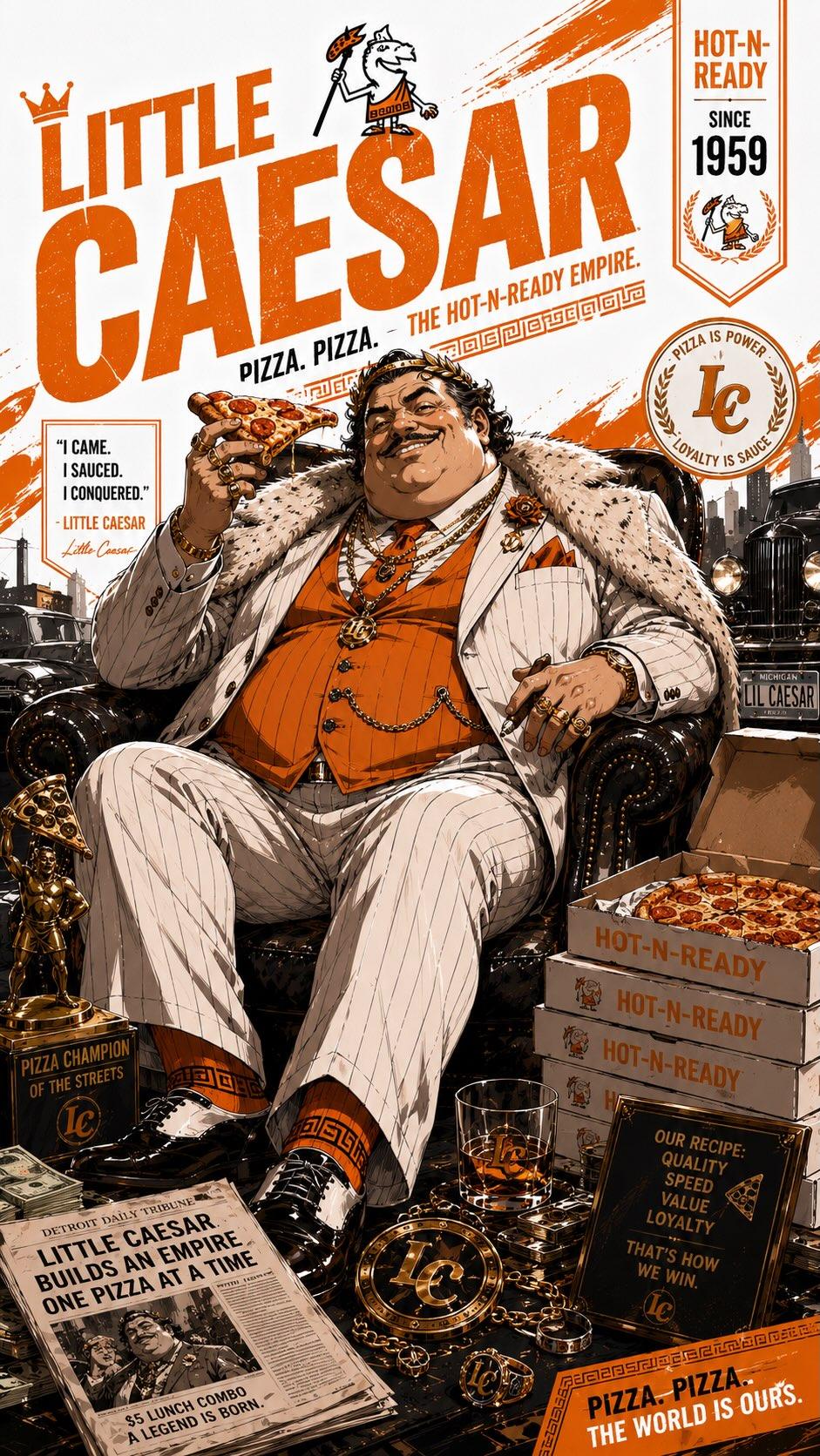芝加哥黑手党风格披萨品牌跨界电影海报 / Mafia Pizza Crossover Cinematic Poster,角色设计,霓虹、电影感、海报,案例输出图 1