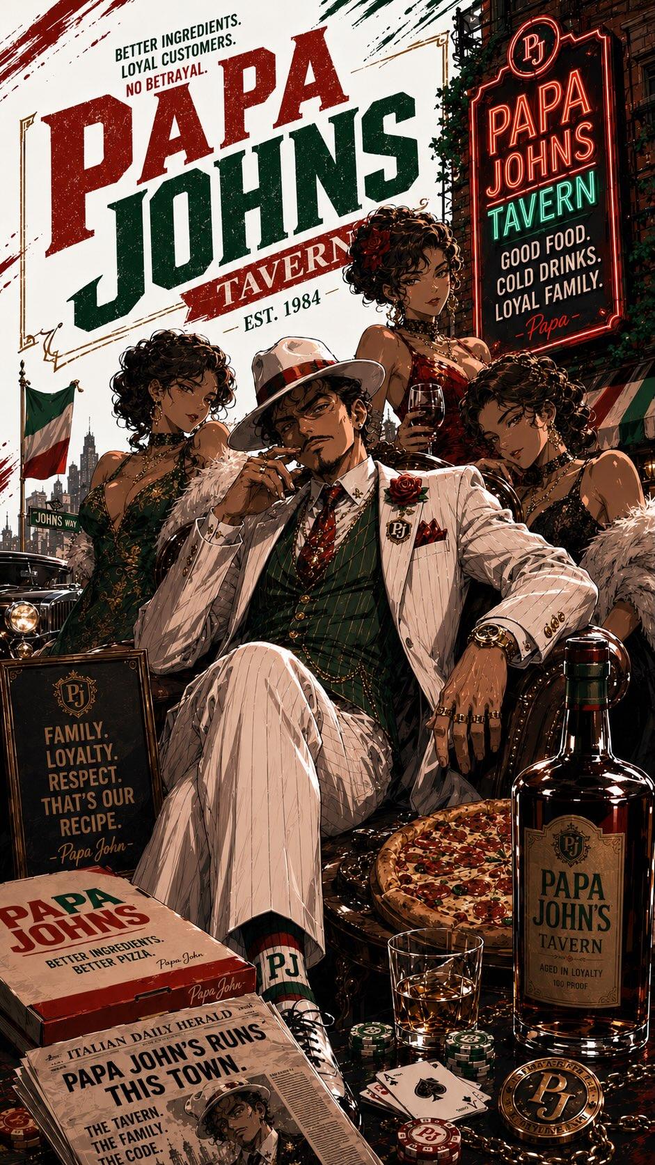 芝加哥黑手党风格披萨品牌跨界电影海报 / Mafia Pizza Crossover Cinematic Poster，角色设计，霓虹、电影感、海报，案例输出图 2