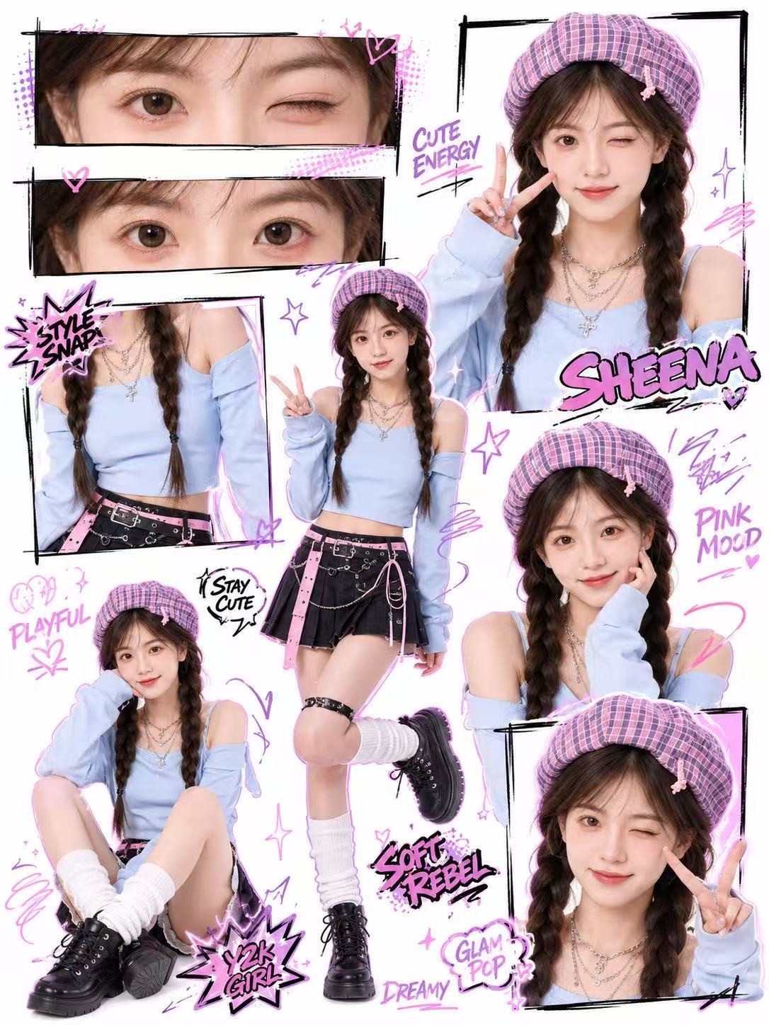 Y2K千禧风可爱街头杂志拼贴海报 / Y2k Kawaii Street Style Collage Poster，角色设计，霓虹、人像、时尚，案例输出图 1