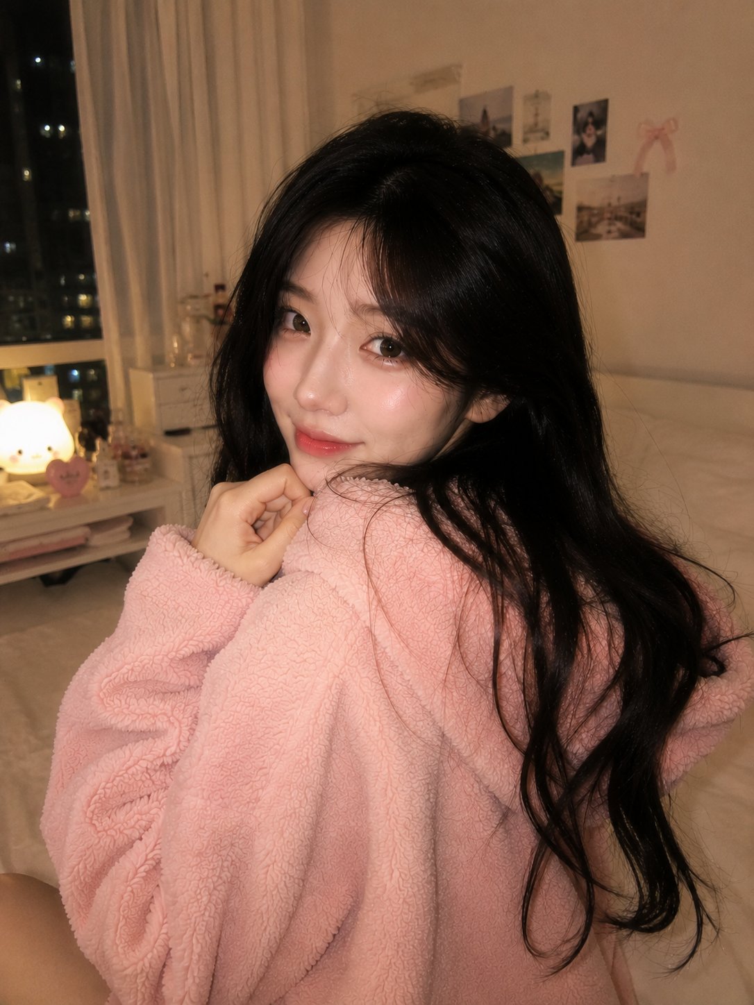 韩系温馨卧室少女粉色卫衣人像 / Ultra Realistic Korean Woman Cozy Bedroom Pink Hoodie,人像与摄影,人像、电影感、城市视觉,案例输出图 1