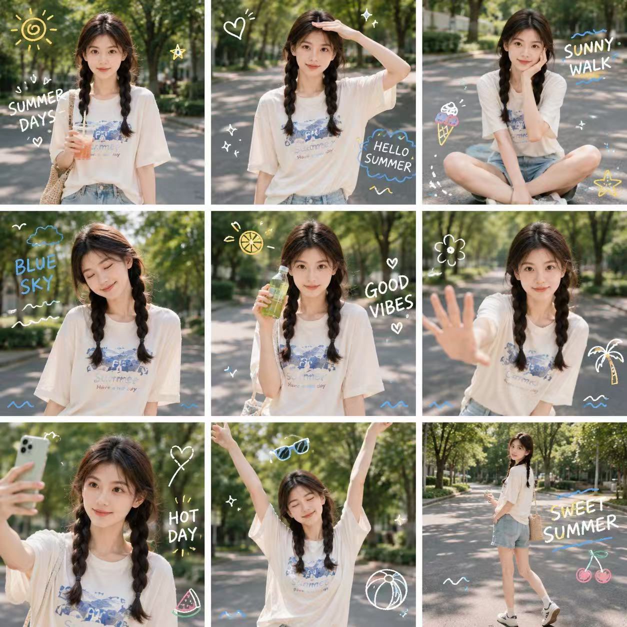 胶片感夏季校园拼贴画人像 / Film Style Summer Campus 3x3 Collage，角色设计，35mm、人像、角色，案例输出图 1