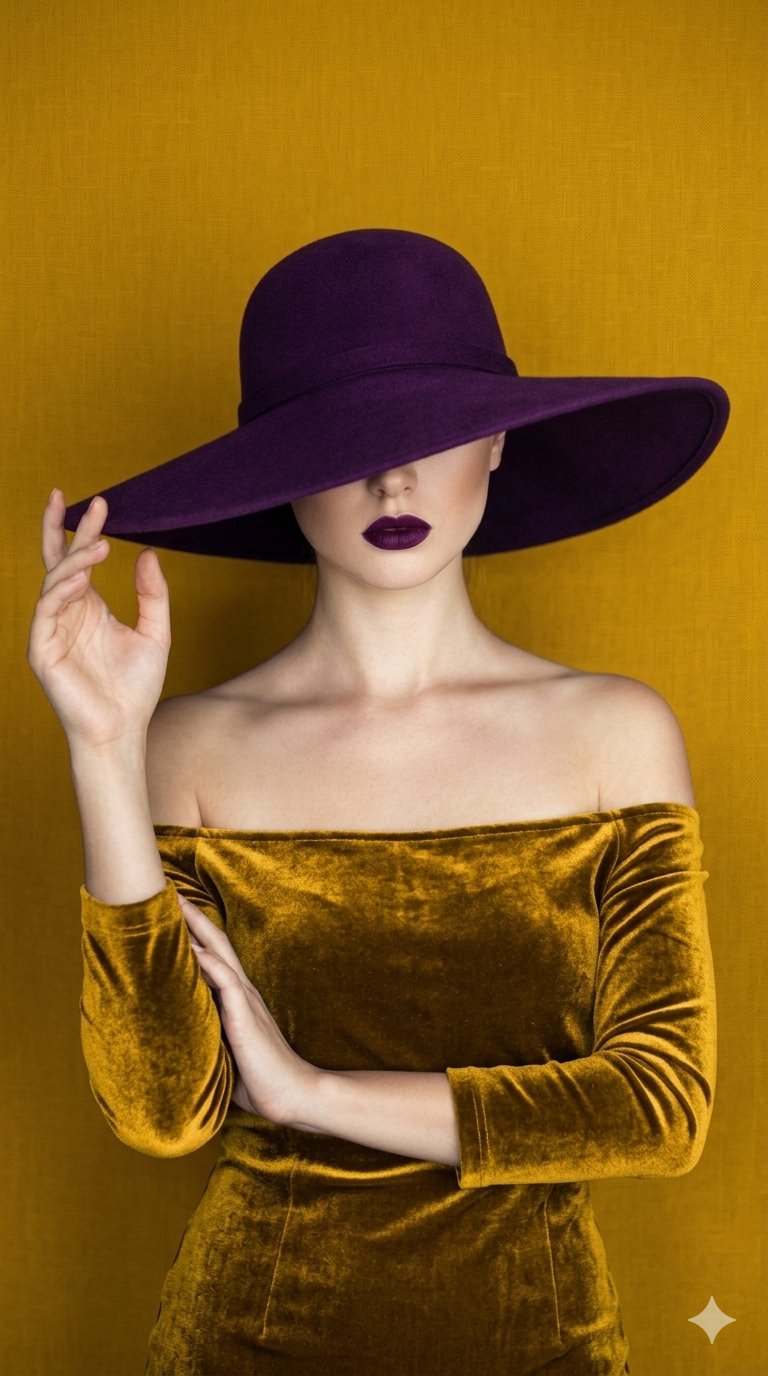 金色丝绒礼服紫色宽檐帽时尚人像 / Fashion Minimalist Gold Velvet Dress Portrait,人像与摄影,人像、时尚、极简,案例输出图 1