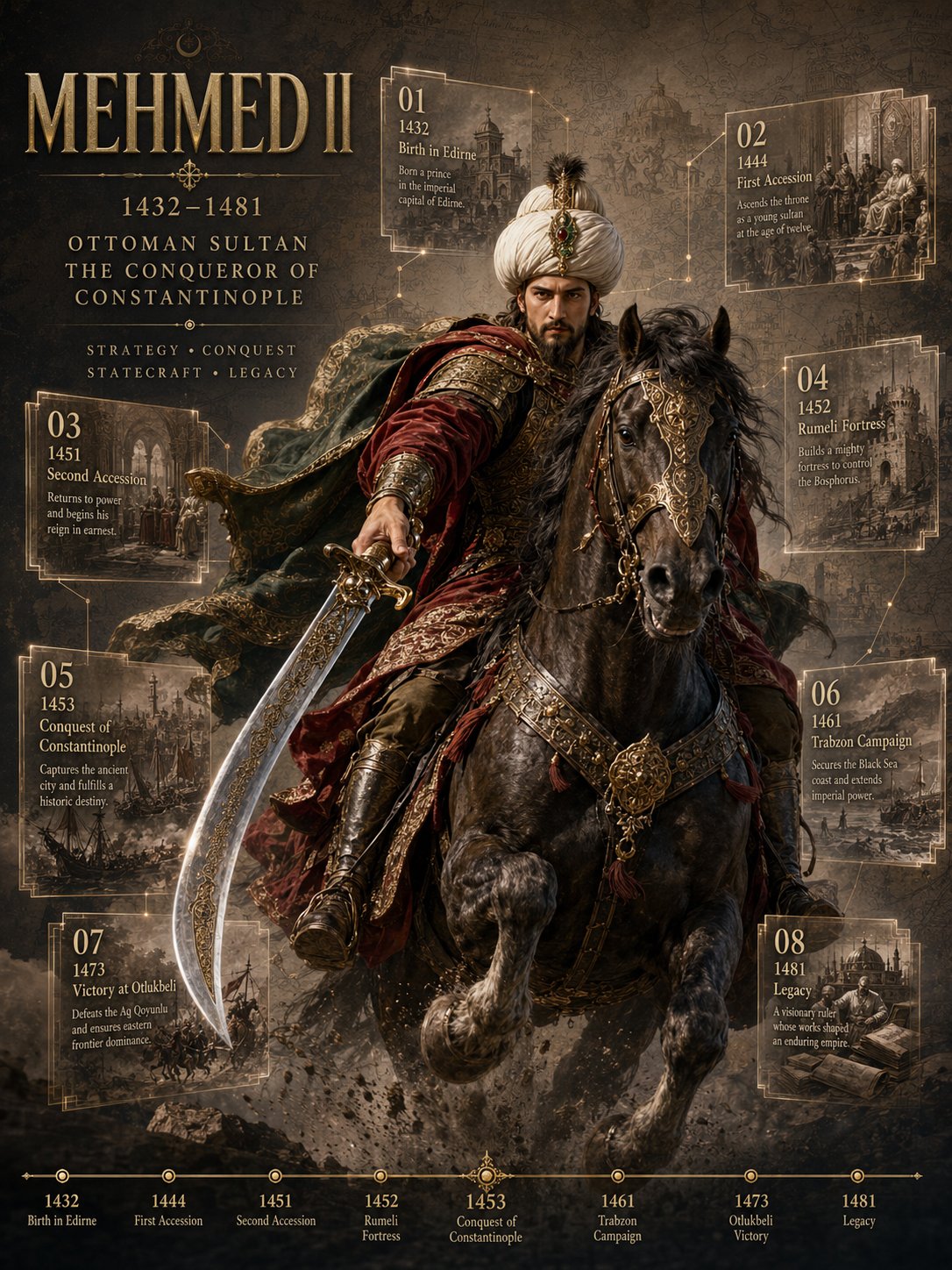 史诗级历史人物骑马传记海报提示词 / Epic Historical Biography Mounted Figure Poster，UI 与社交媒体截图，人像、电影感、海报，案例输出图 1