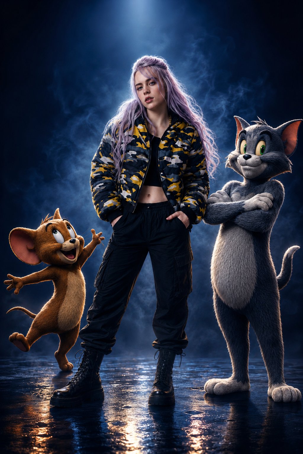 时尚女子与猫和老鼠三维动画角色合影 / Studio Composite Portrait Human Animated Characters，角色设计，人像、时尚、插画，案例输出图 1