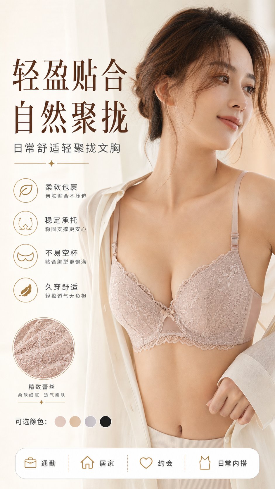 高级日系内衣电商详情页四图生成指令 / Premium Japanese Style Lingerie Ecommerce Detail Pages，模型对比与社区，排版、信息图、产品图，案例输出图 1